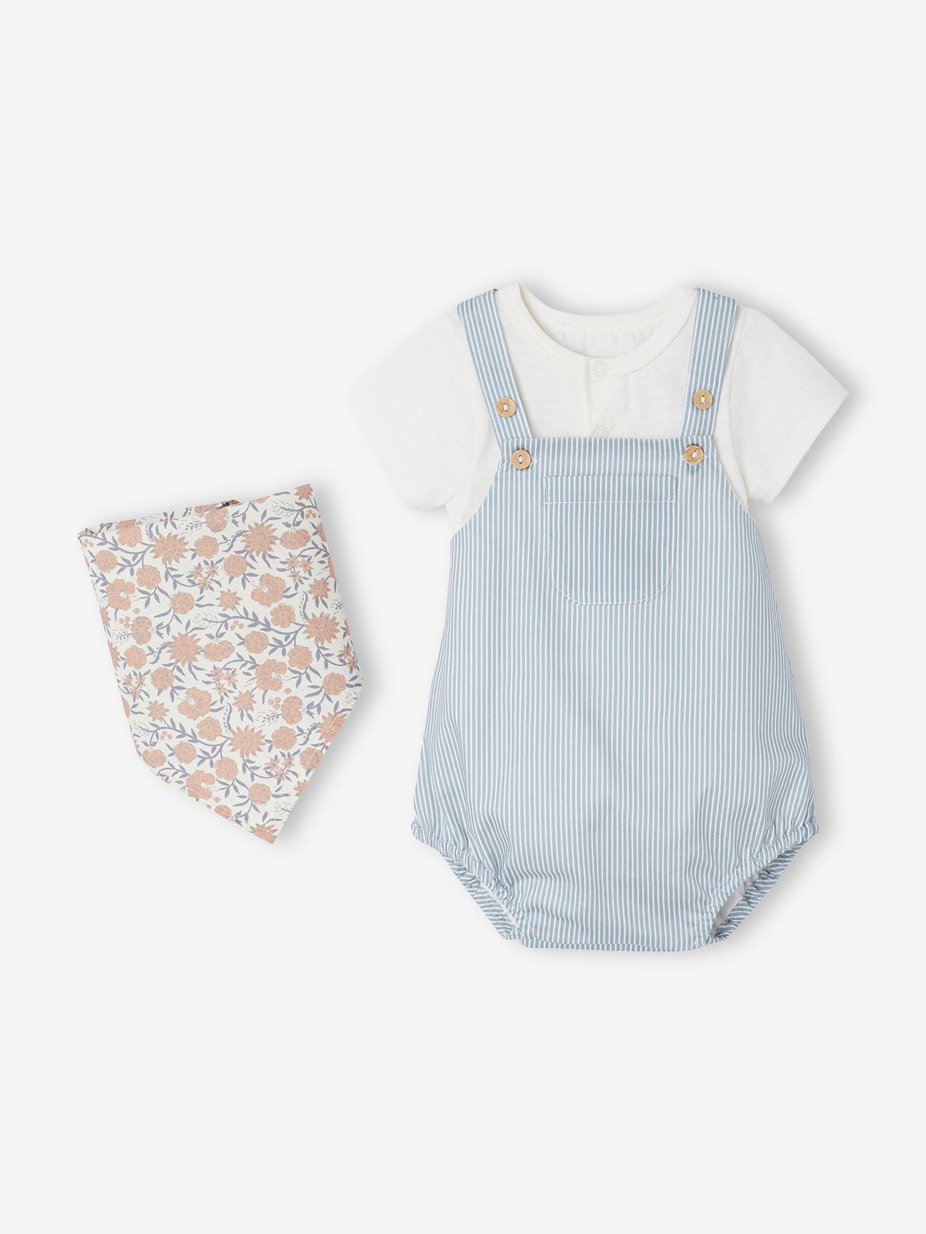 Ensemble naissance barboteuse, body et foulard écru