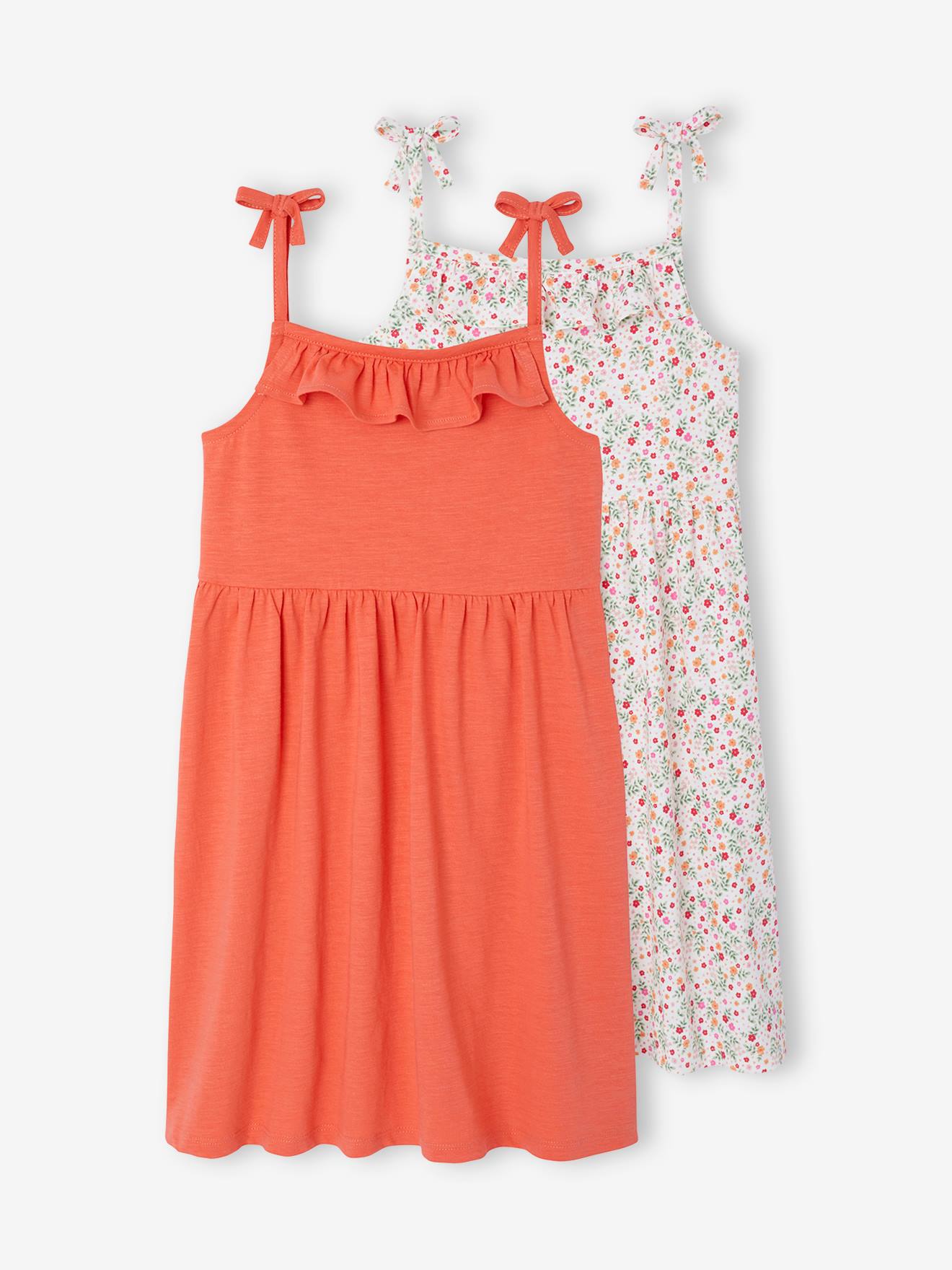 Lot de 2 robes à bretelles fille 1 imprimée + 1 unie mandarine