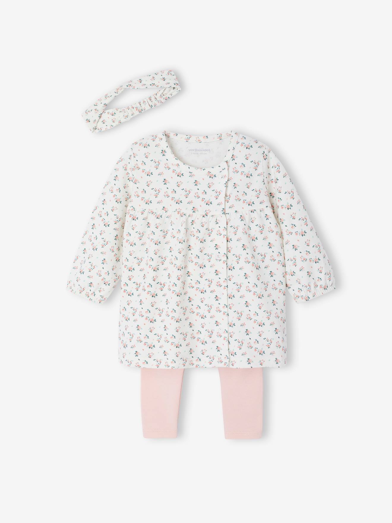 Ensemble bébé naissance 3 pièces robe legging et bandeau nude imprimé (Vertbaudet) - Image 1