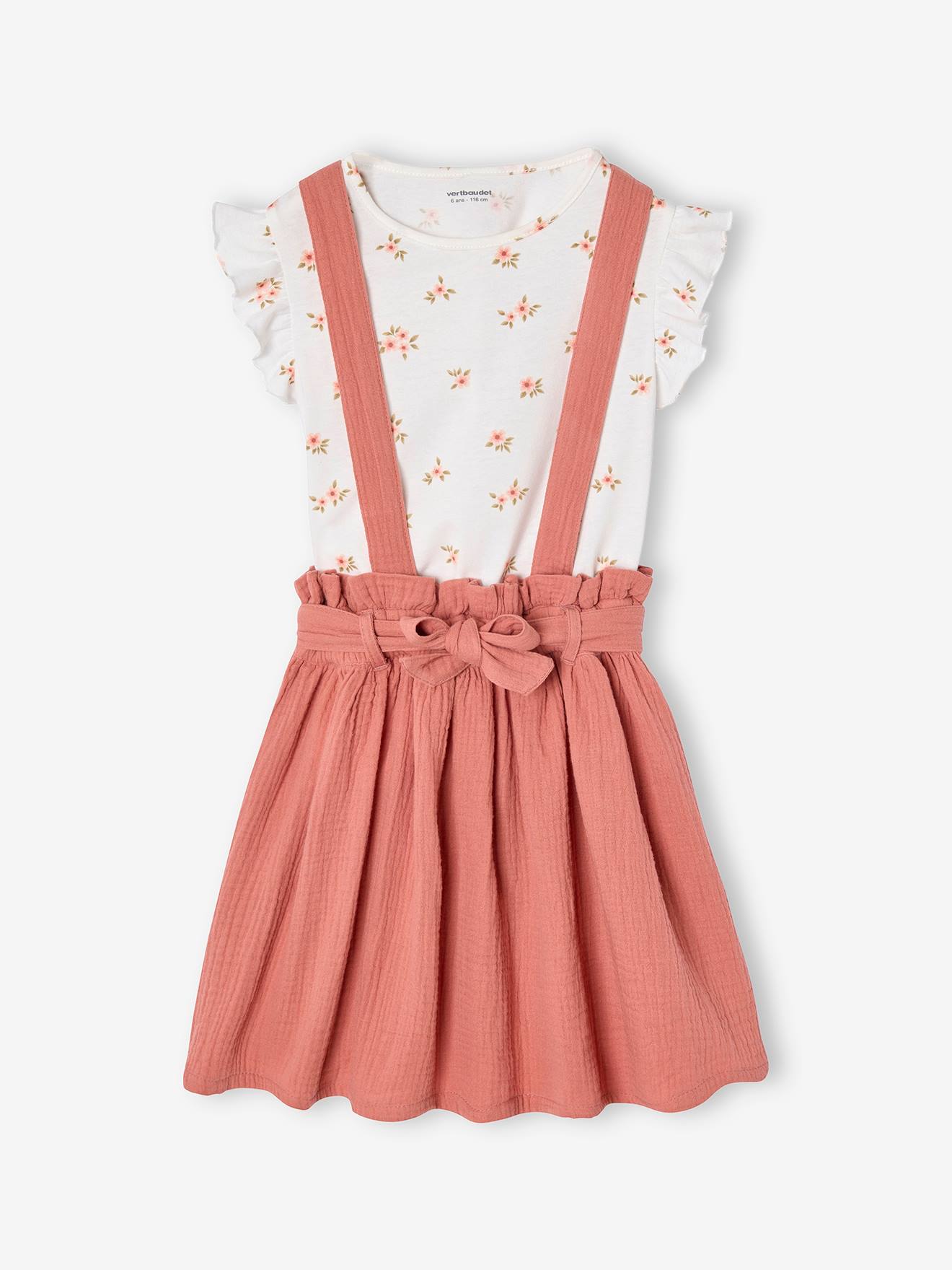 Ensemble fille t-shirt à volants et jupe à bretelles en gaze de coton vieux rose