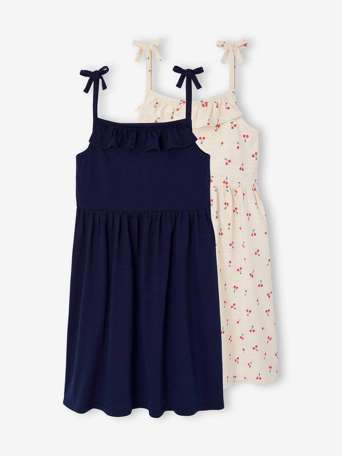 Lot de 2 robes à bretelles fille 1 imprimée + 1 unie marine