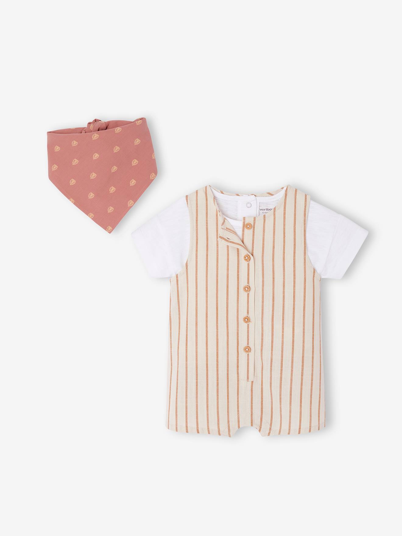 Ensemble tee-shirt + bandana + combinaison courte rayée bébé écru