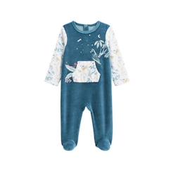 -Pyjama bébé - Bianca - Velours - Bleu de minuit - Manches écrues - Poche ventrale