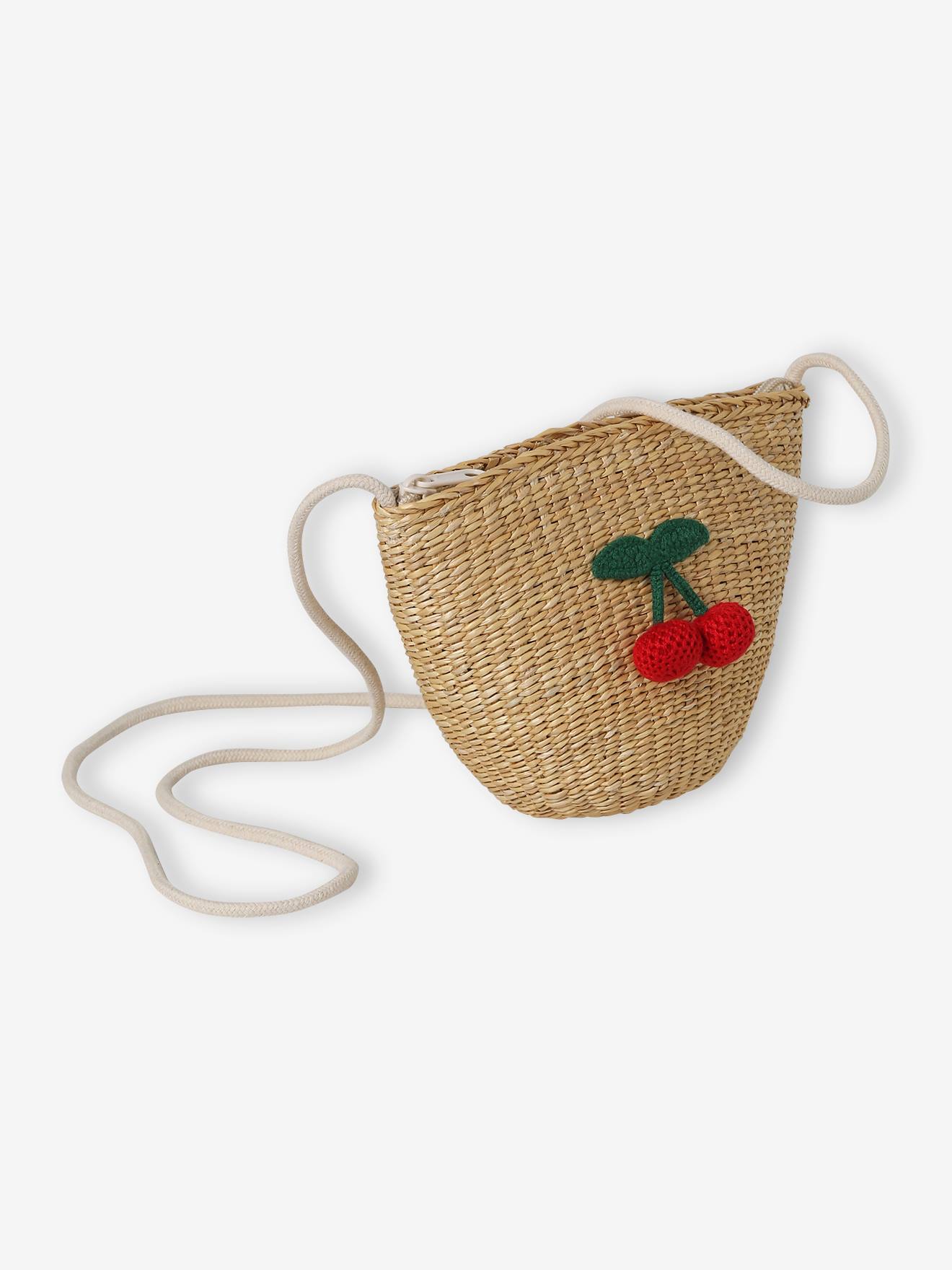 Sac panier fille en paille de papier avec cerise en crochet bois