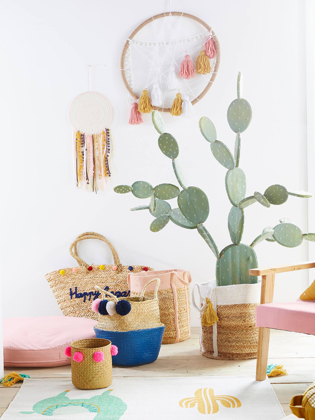 Panier de rangement en jute bicolore avec pompons blanc (Vertbaudet) - Image 2