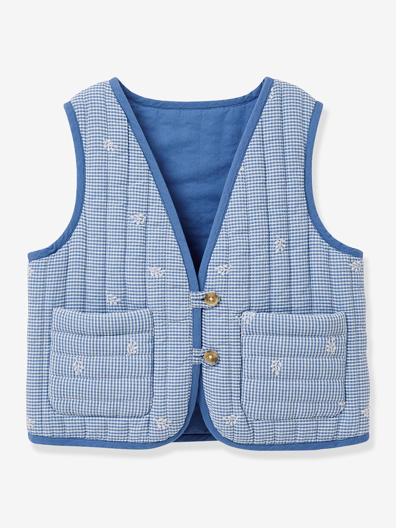 Veste matelassée sans manches fille vichy brodé carreaux bleu
