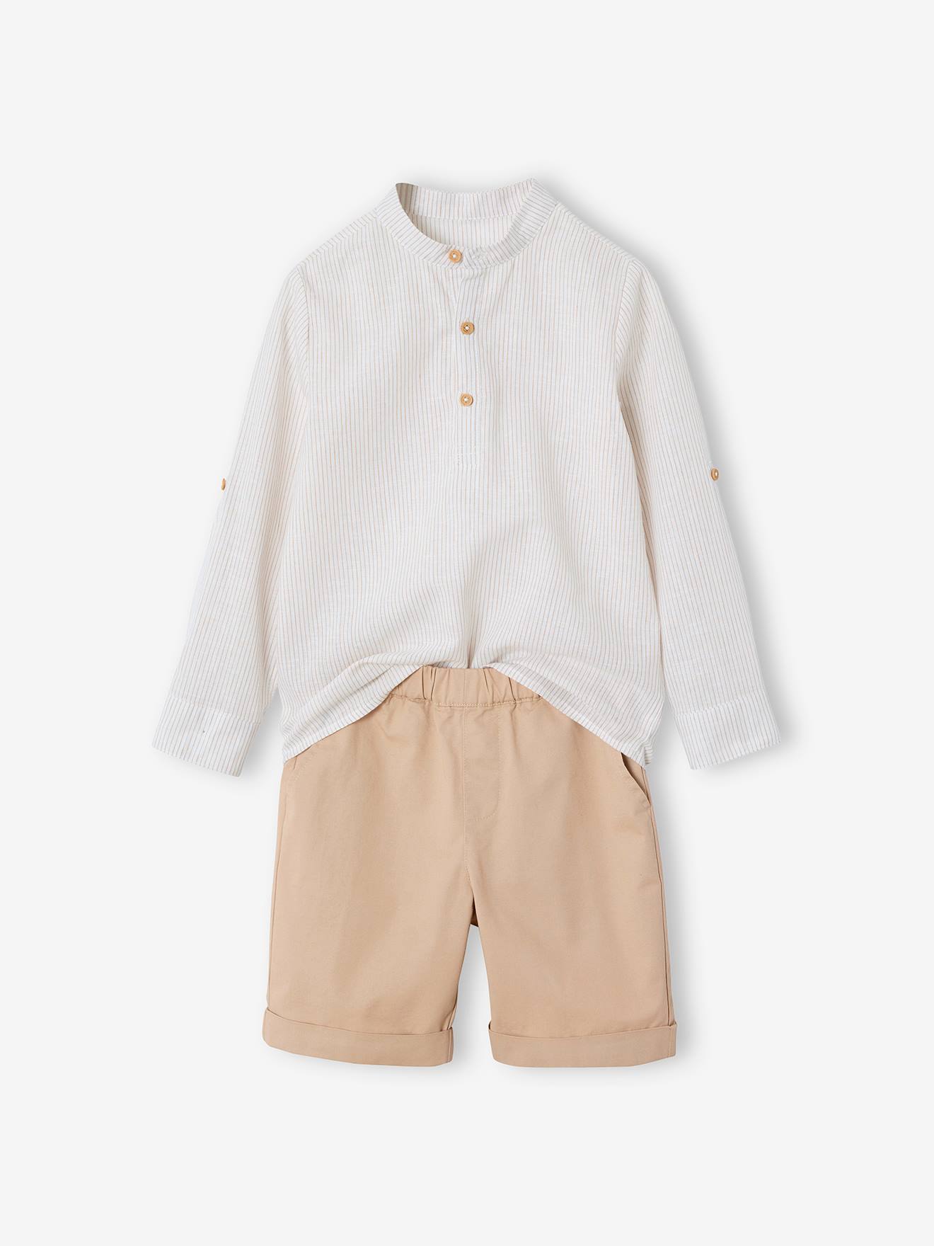 Ensemble céremonie chemise col Mao et short garçon beige