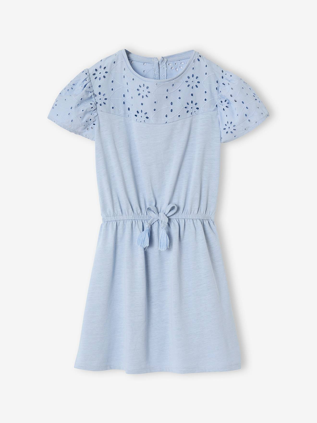 Robe détails en broderie anglaise fille bleu pâle