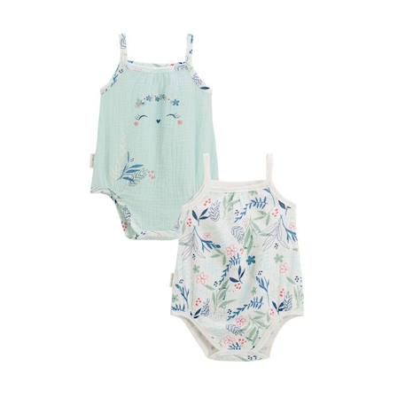 Bébé-Lot de 2 bodies bébé - Dahlia - Bleu - 100% coton - Bretelles - Motifs fleuris