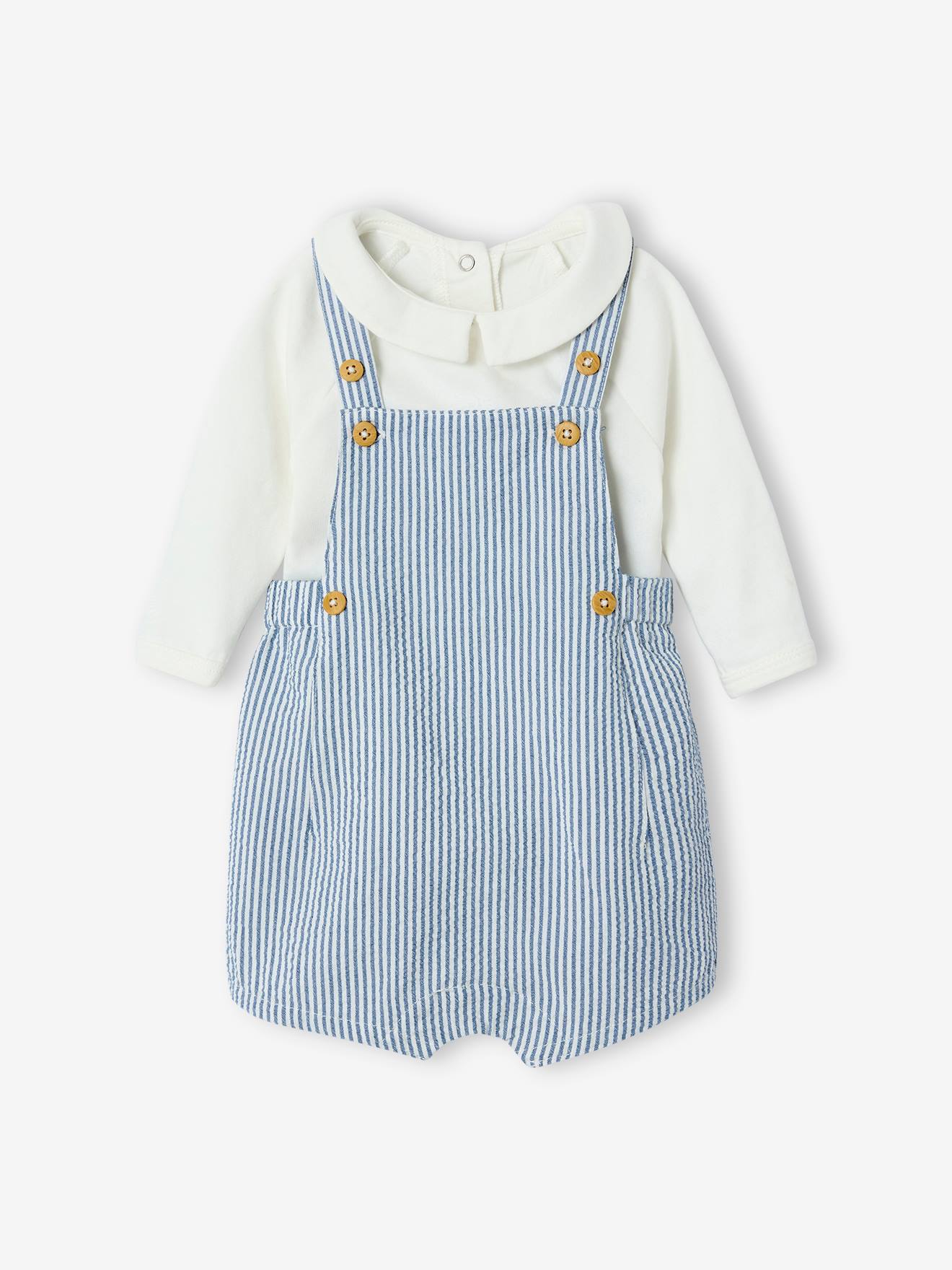 Ensemble naissance body + salopette courte rayée bleu ciel