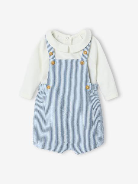 Vertbaudet - Ensemble naissance body + salopette courte rayée bleu ciel