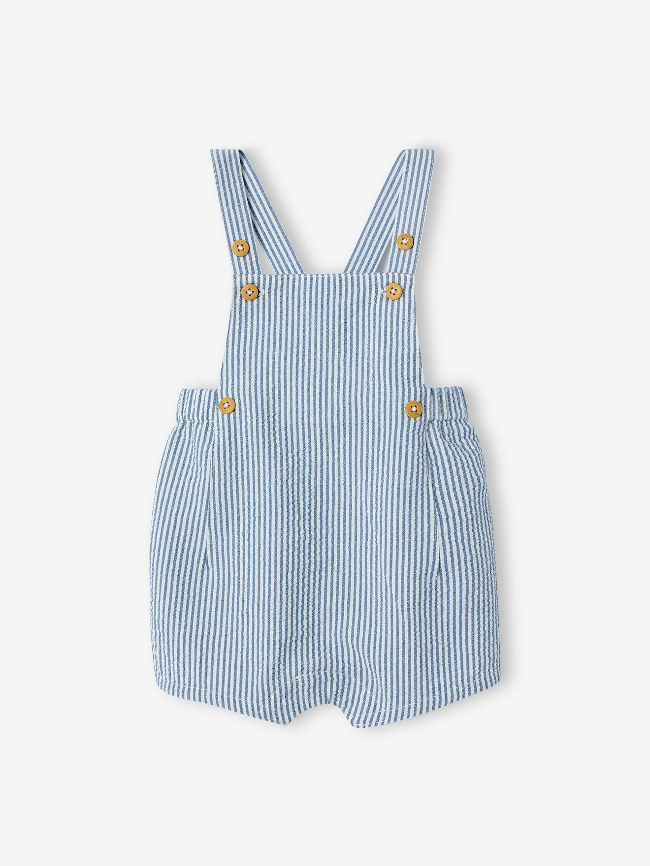 Ensemble naissance body + salopette courte rayée bleu ciel (Vertbaudet) - Image 1