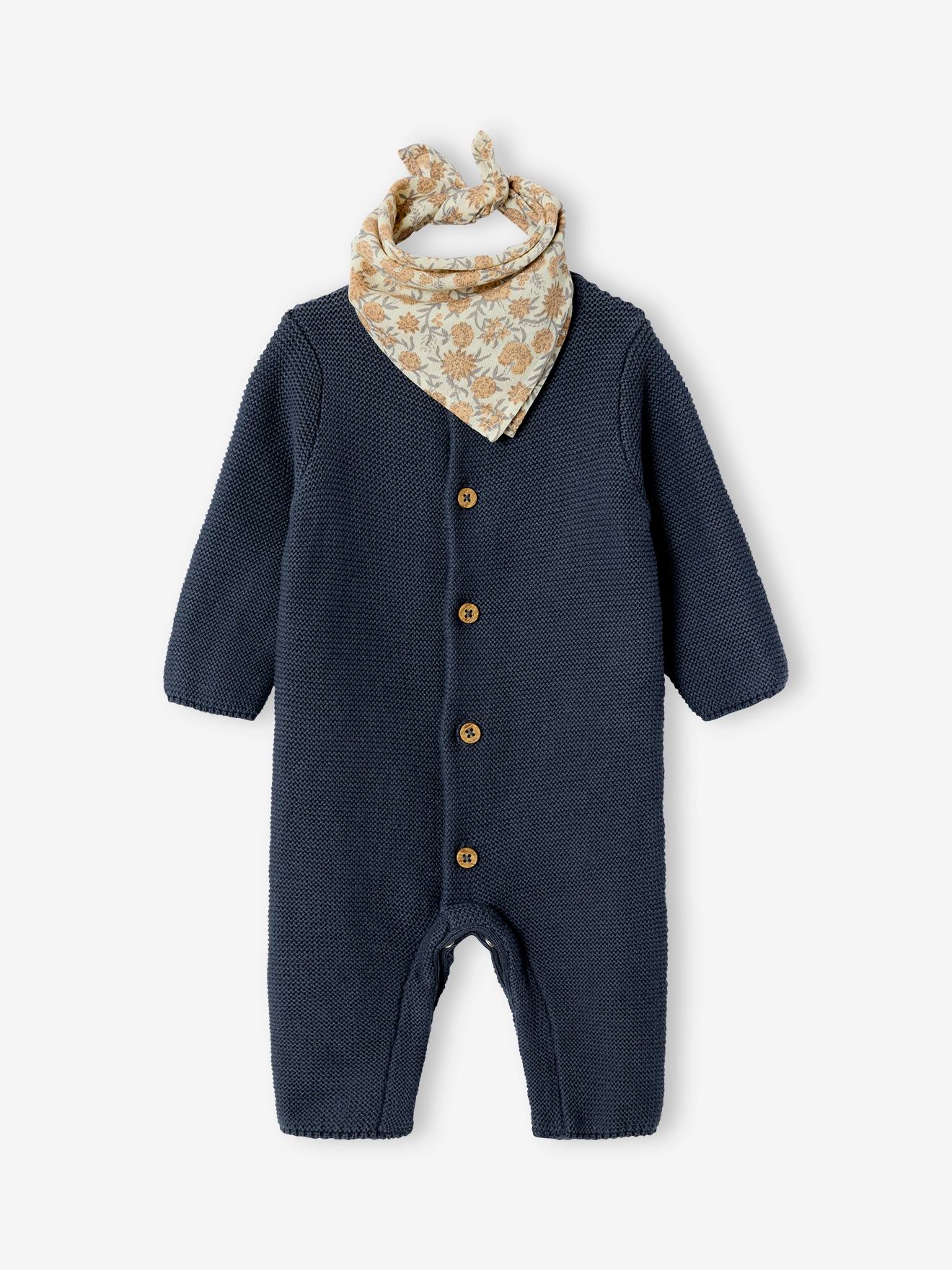 Coffret naissance mixte combinaison manches longues tricot + foulard anthracite
