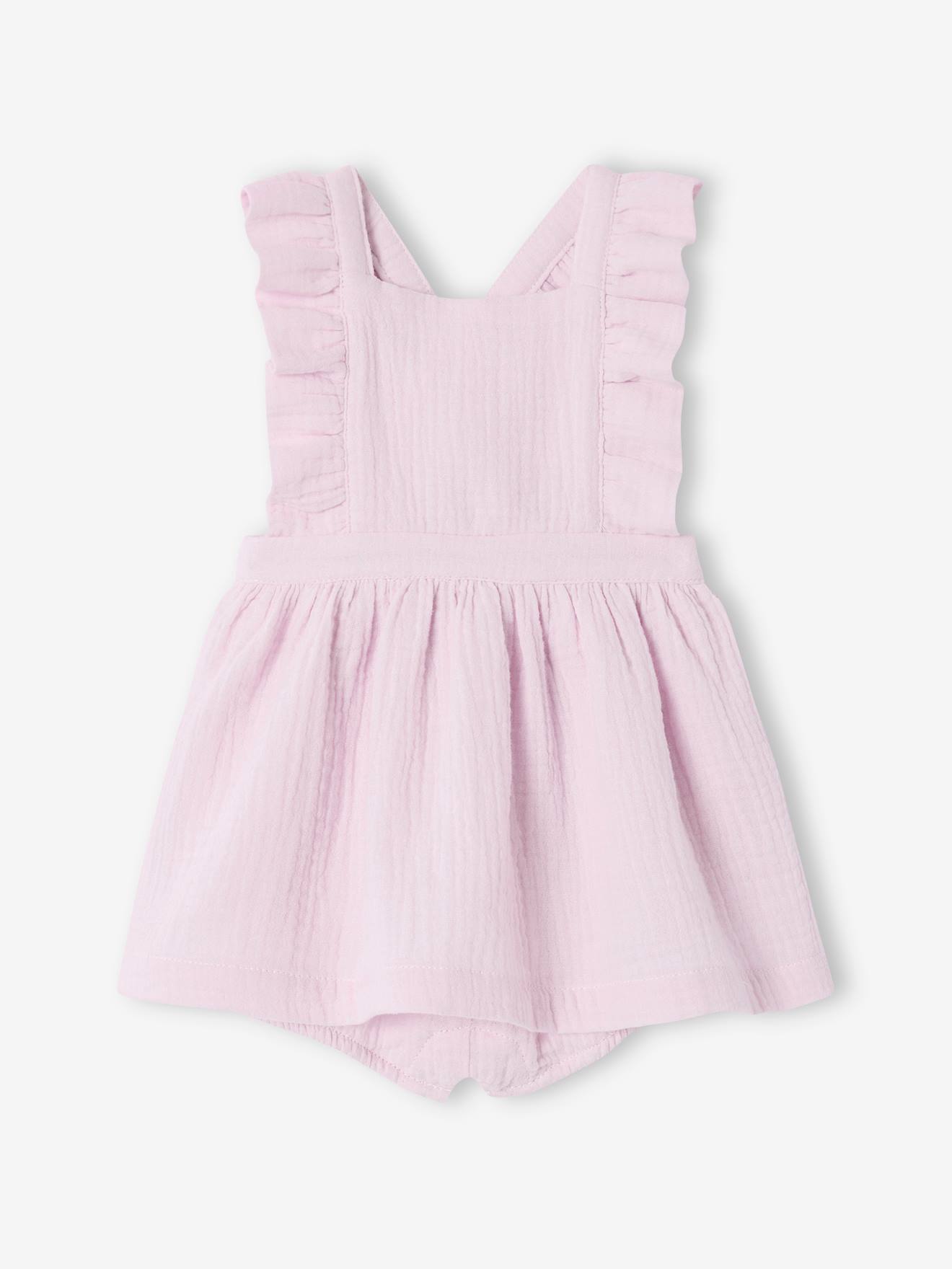 Robe naissance avec culotte cache-couche intégrée rose