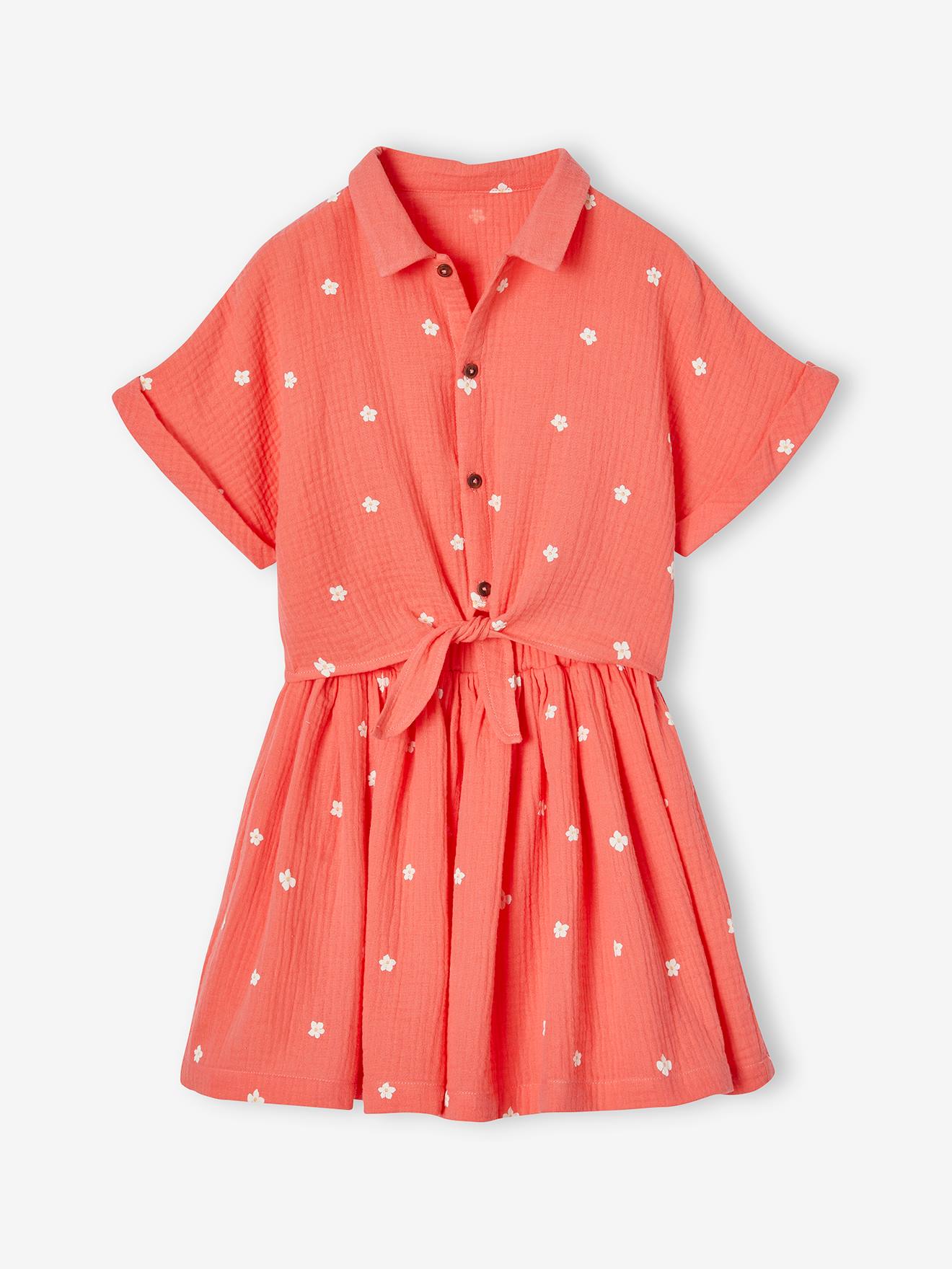 Ensemble blouse à nouette et jupe fille corail