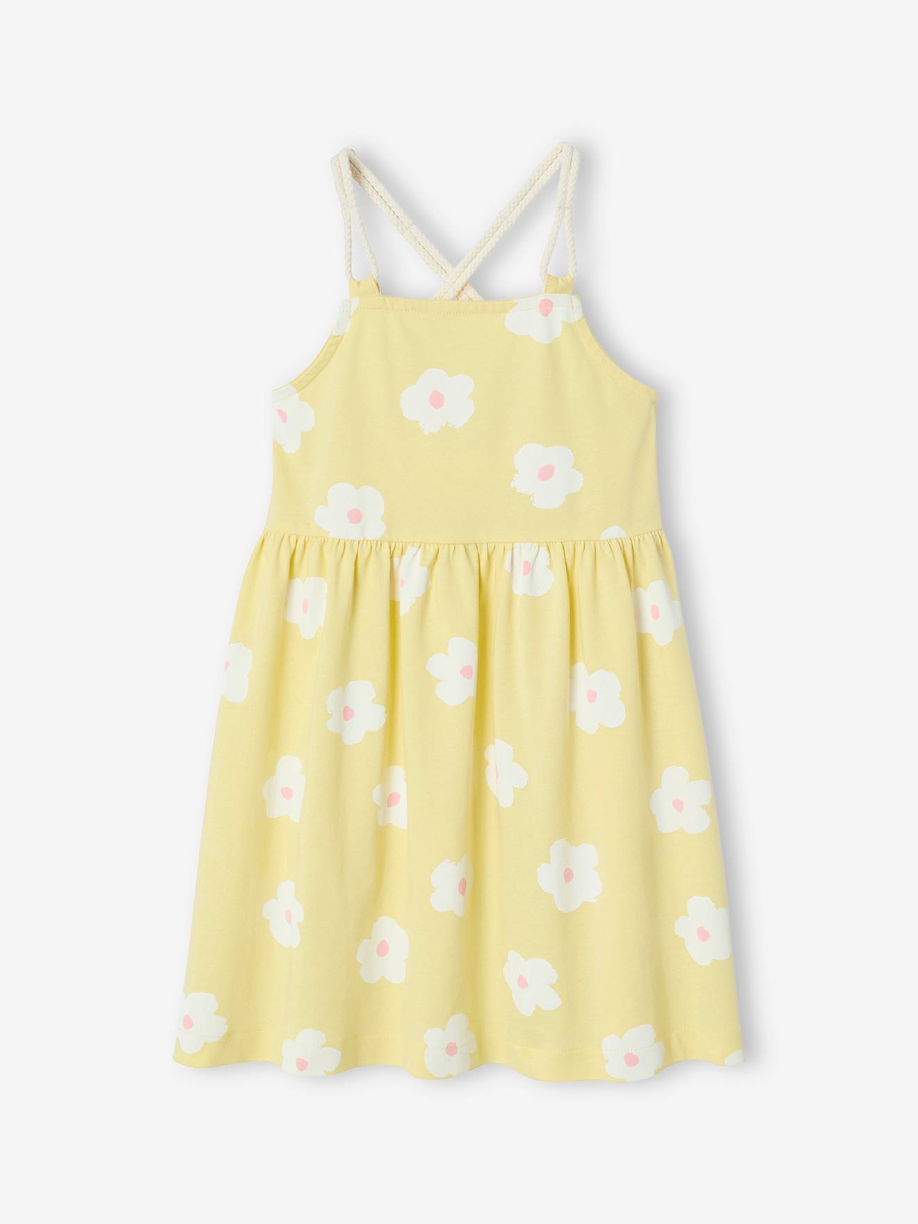 Robe à bretelles cordelette imprimée fleurs fille jaune pâle