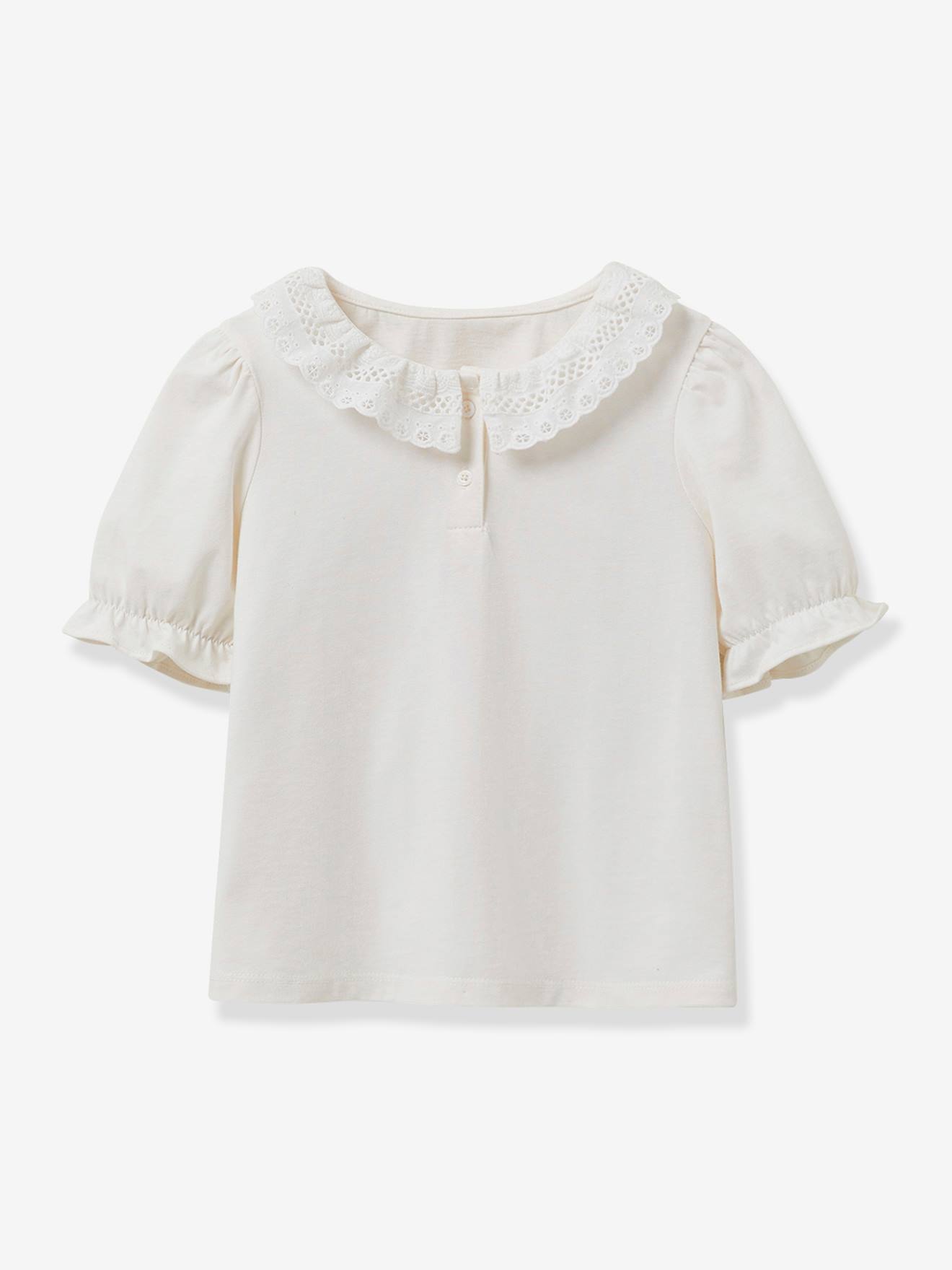 Tee-shirt Fille Col En Broderie Anglaise Cyrillus Coton Bio Écru