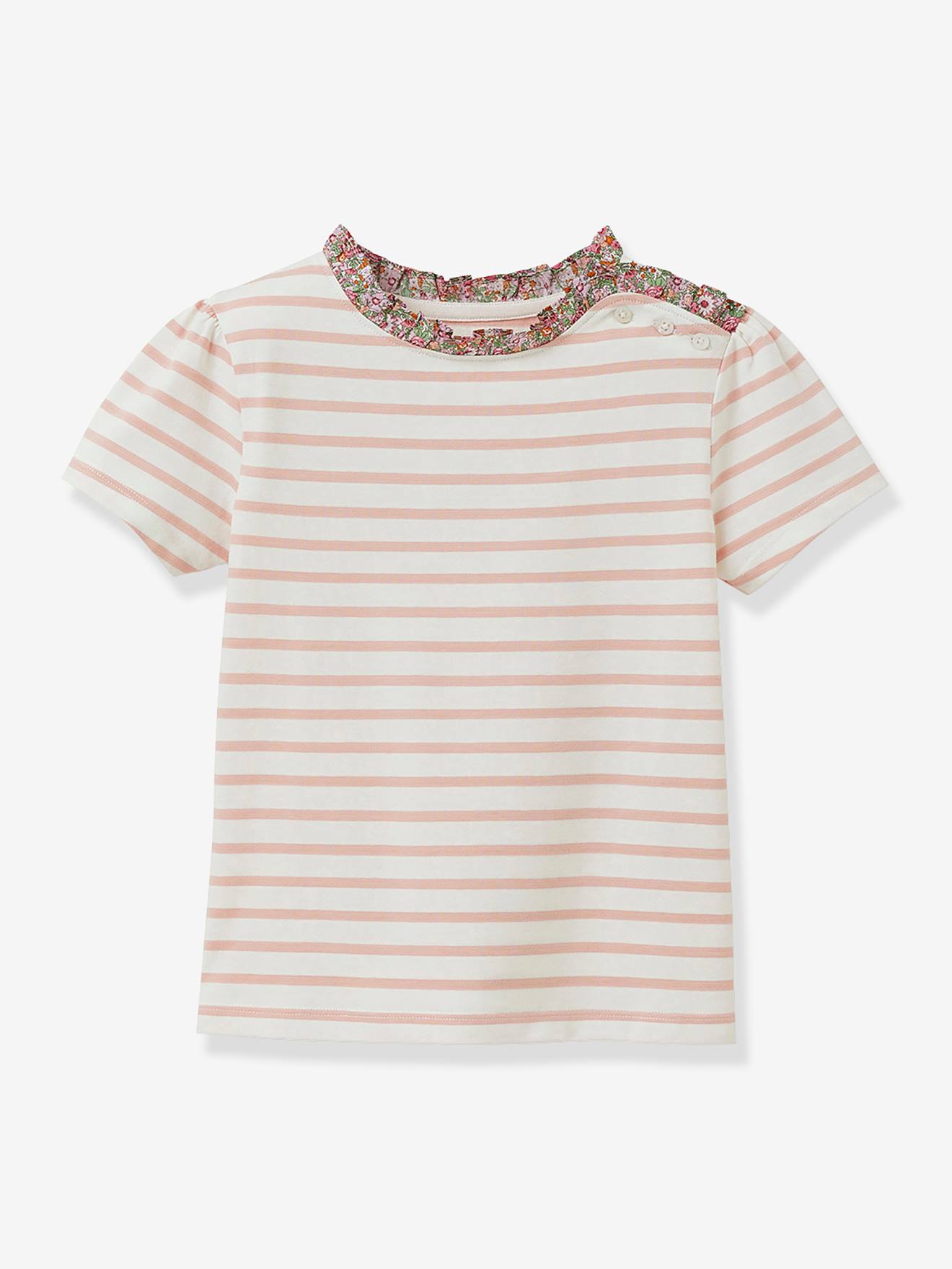 Tee-shirt marinière fille tissu Liberty® coton bio CYRILLUS manches courtes rose