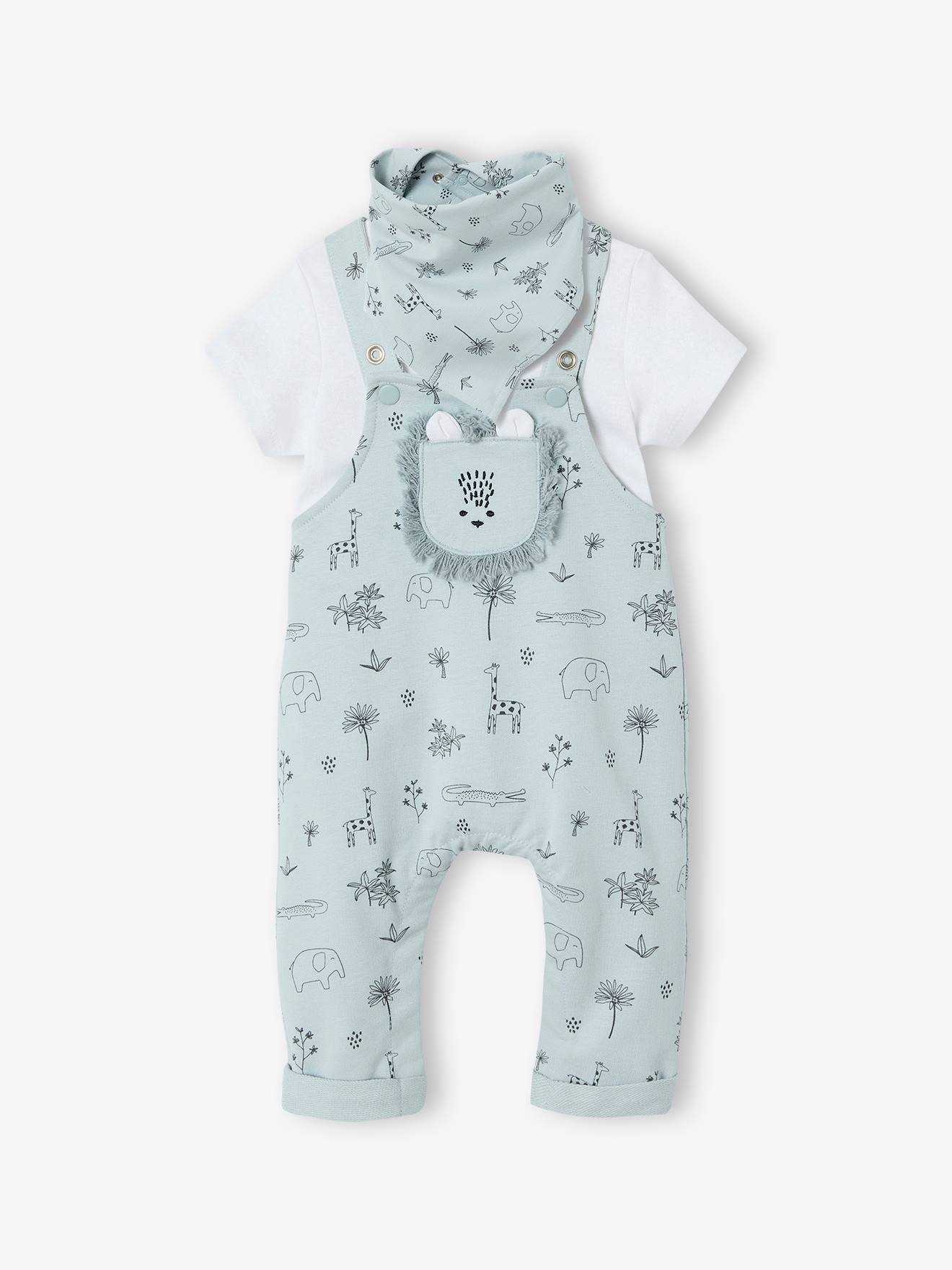 Ensemble 3 pièces naissance salopette + body + foulard bleu