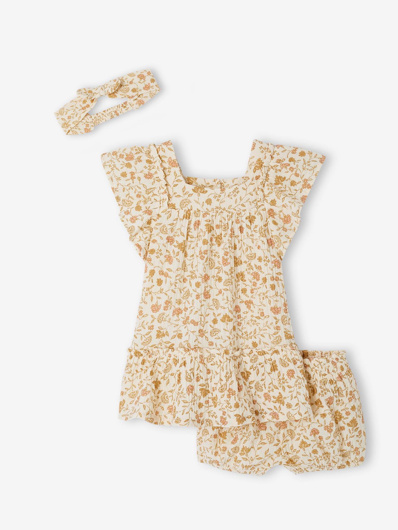 Coffret cadeau robe + bloomer + bandeau bébé écru