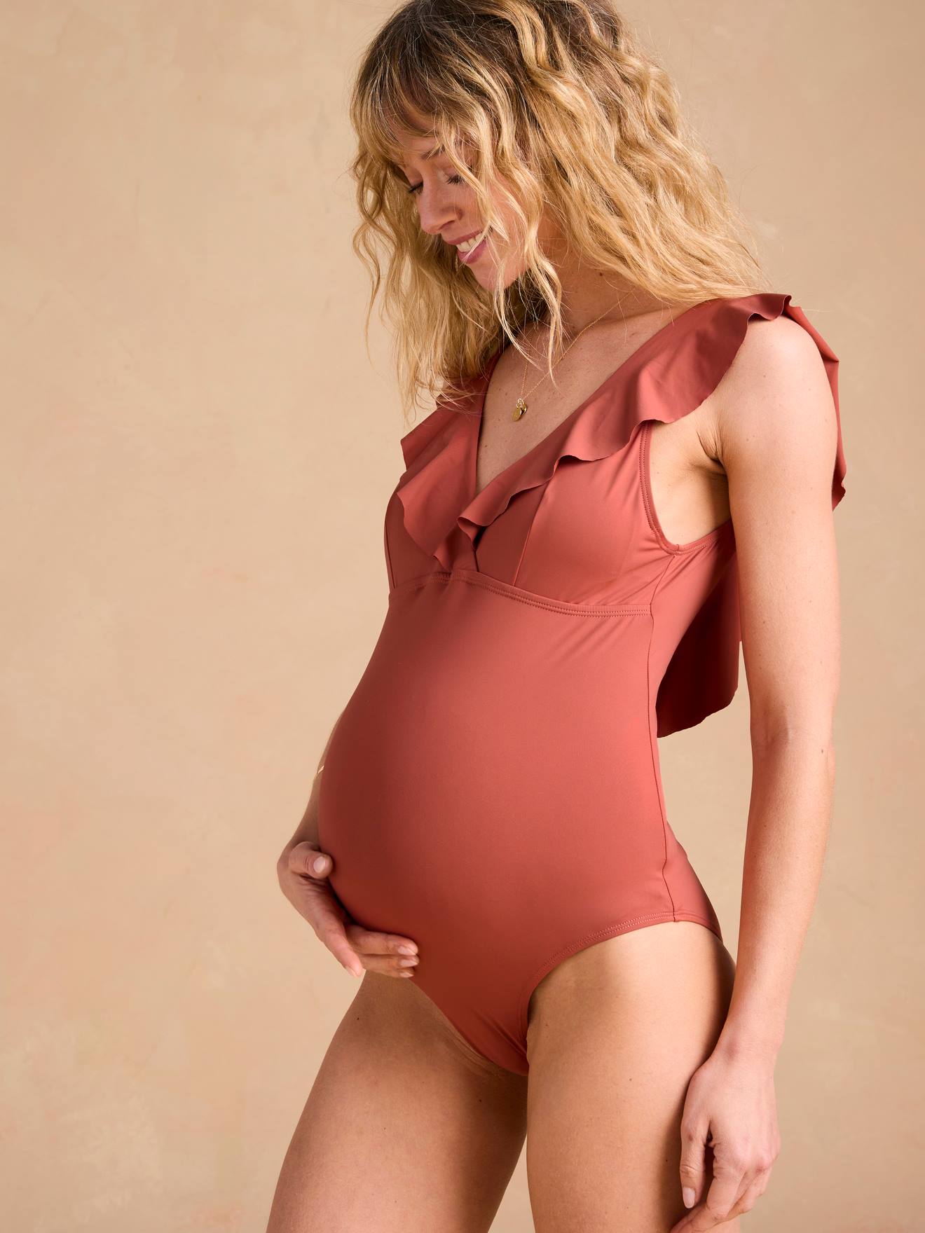 Maillot de bain grossesse et d'allaitement 1 pièce à volant ENVIE DE FRAISE terracotta