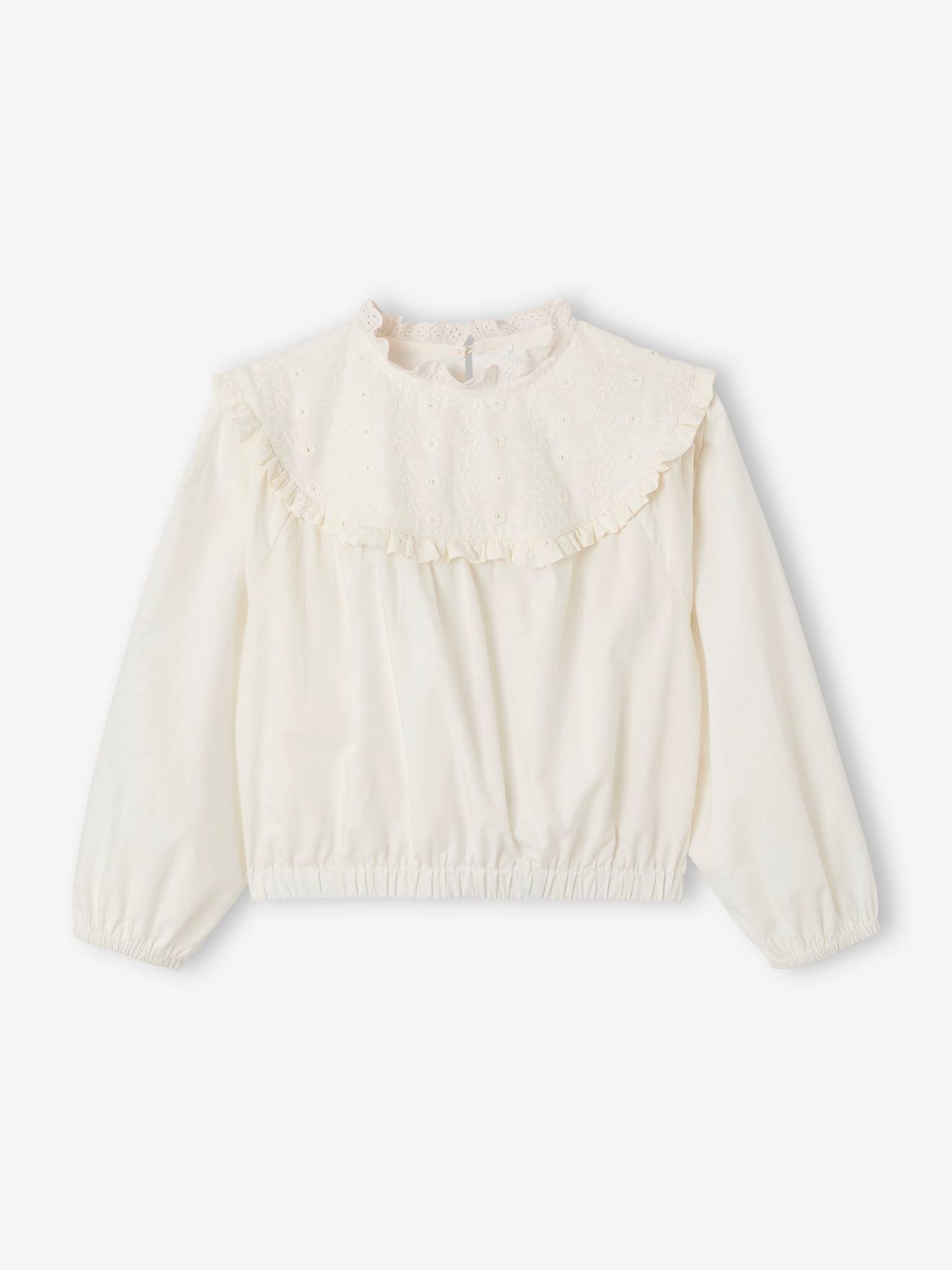 Blouse bi- matière fille détails en broderie anglaise écru