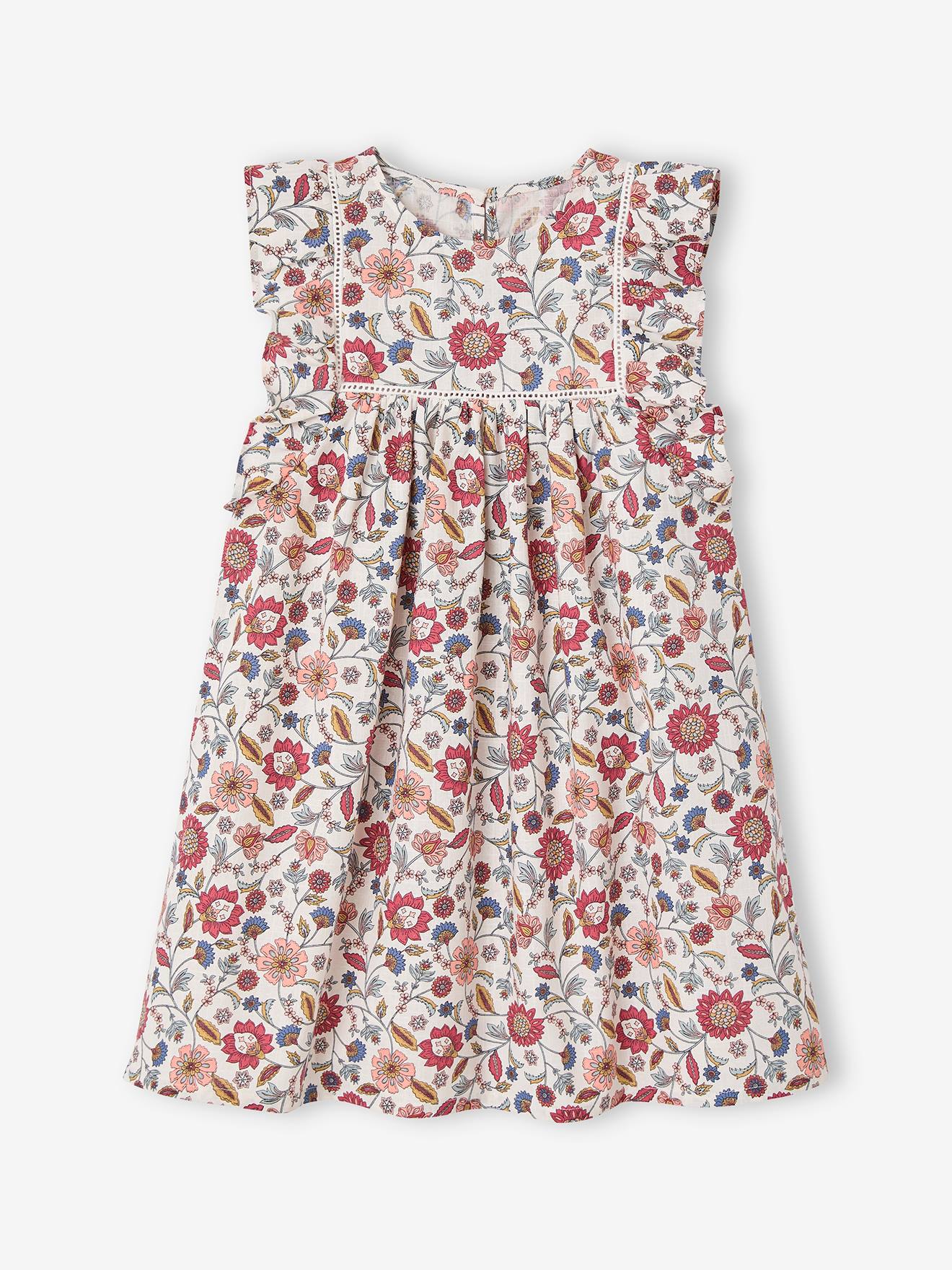 Robeà volants imprimée fleurs fille écru