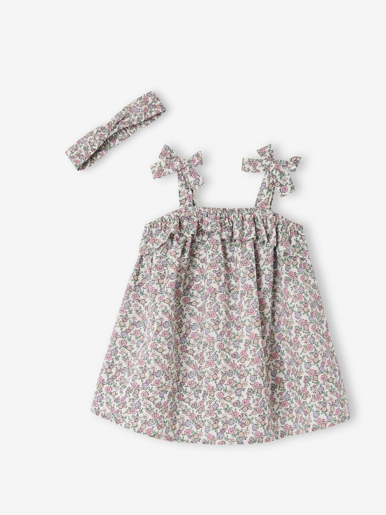 Ensemble naissance robe et bandeau imprimés écru