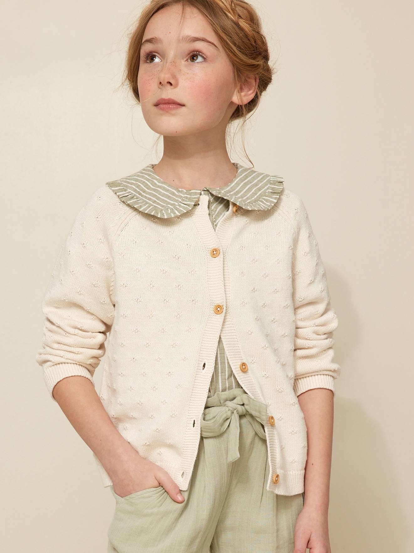 Cardigan fille points fantaisie écru