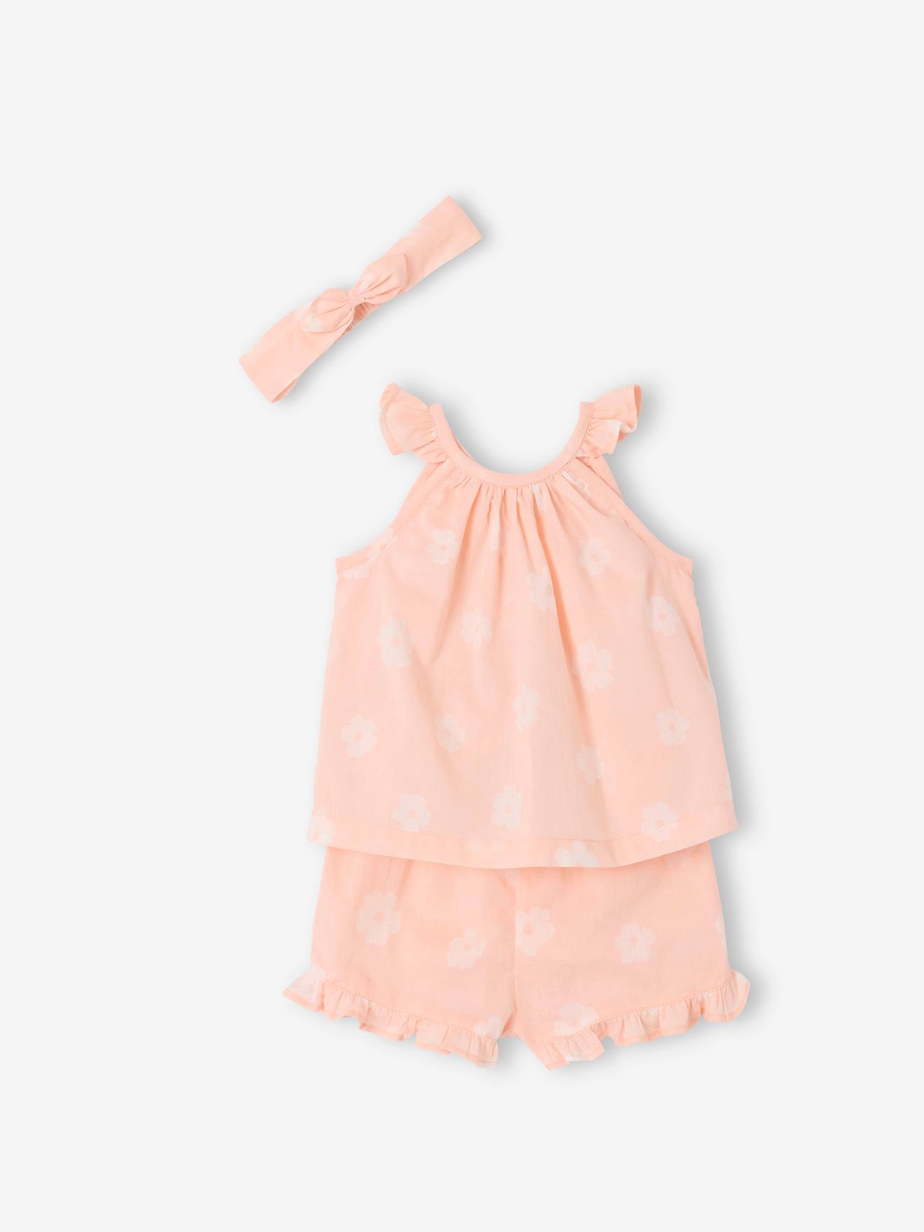 Ensemble imprimé débardeur + short + bandeau bébé fille rose pâle