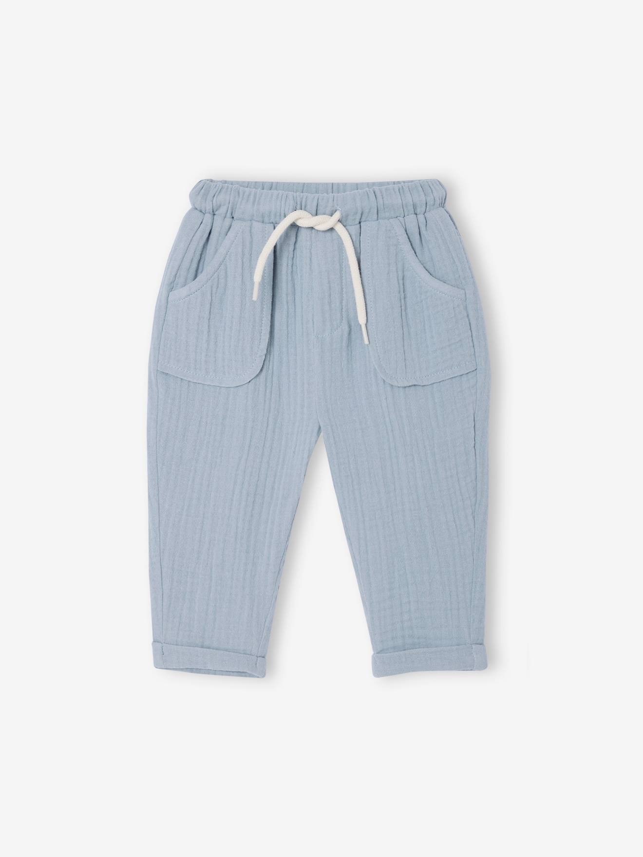Pantalon en gaze coton bébé bleu grisé