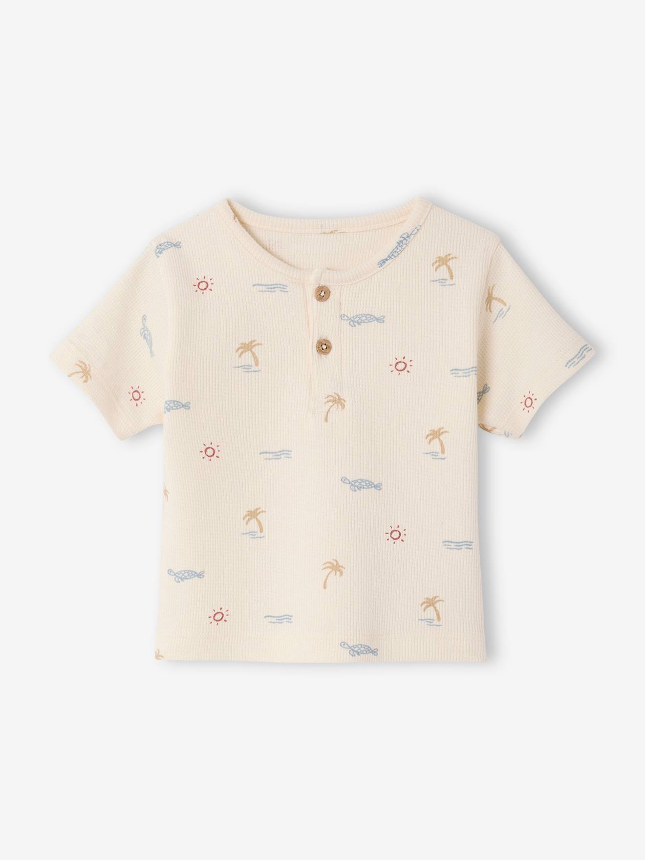 Tee-shirt bébé en maille nid d'abeille imprimée écru