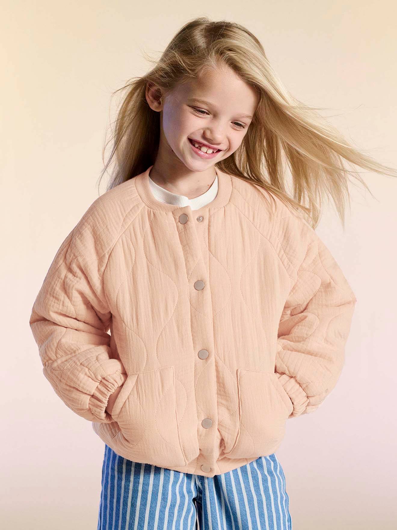 Blouson matelassé style bomber en gaze de coton fille rose poudré