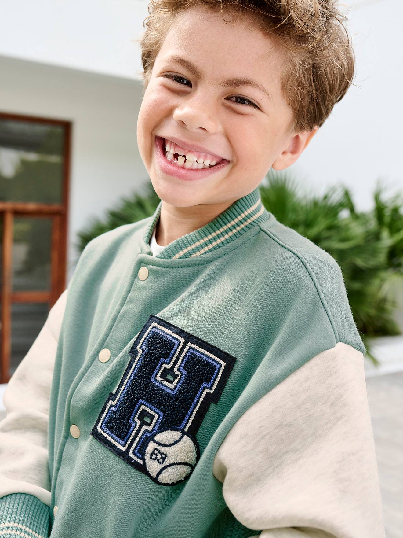 Sweat garçon molleton style teddy badge en bouclettes. vert émeraude