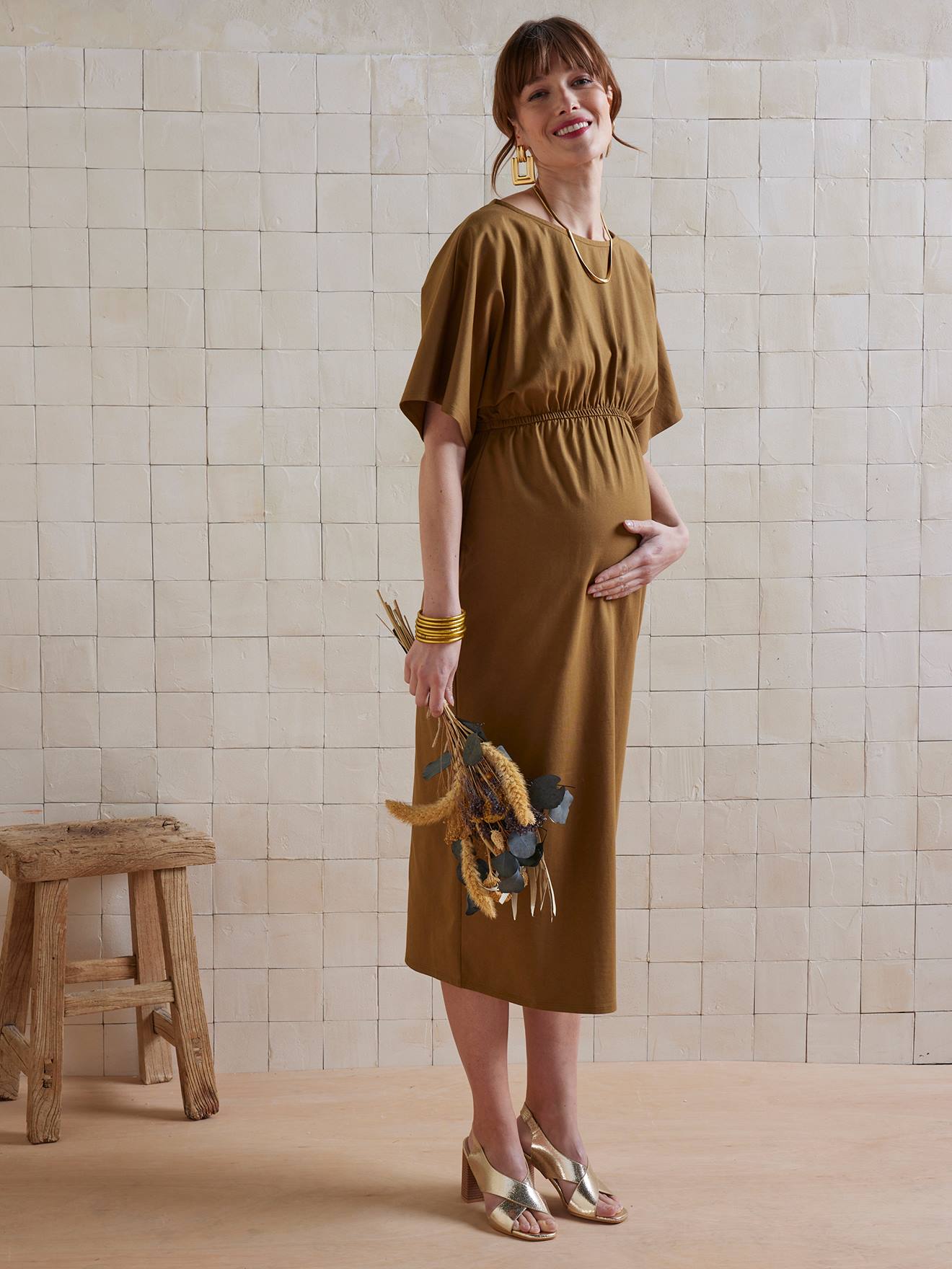 Robe longue de grossesse en jersey lourd coton bio* olive