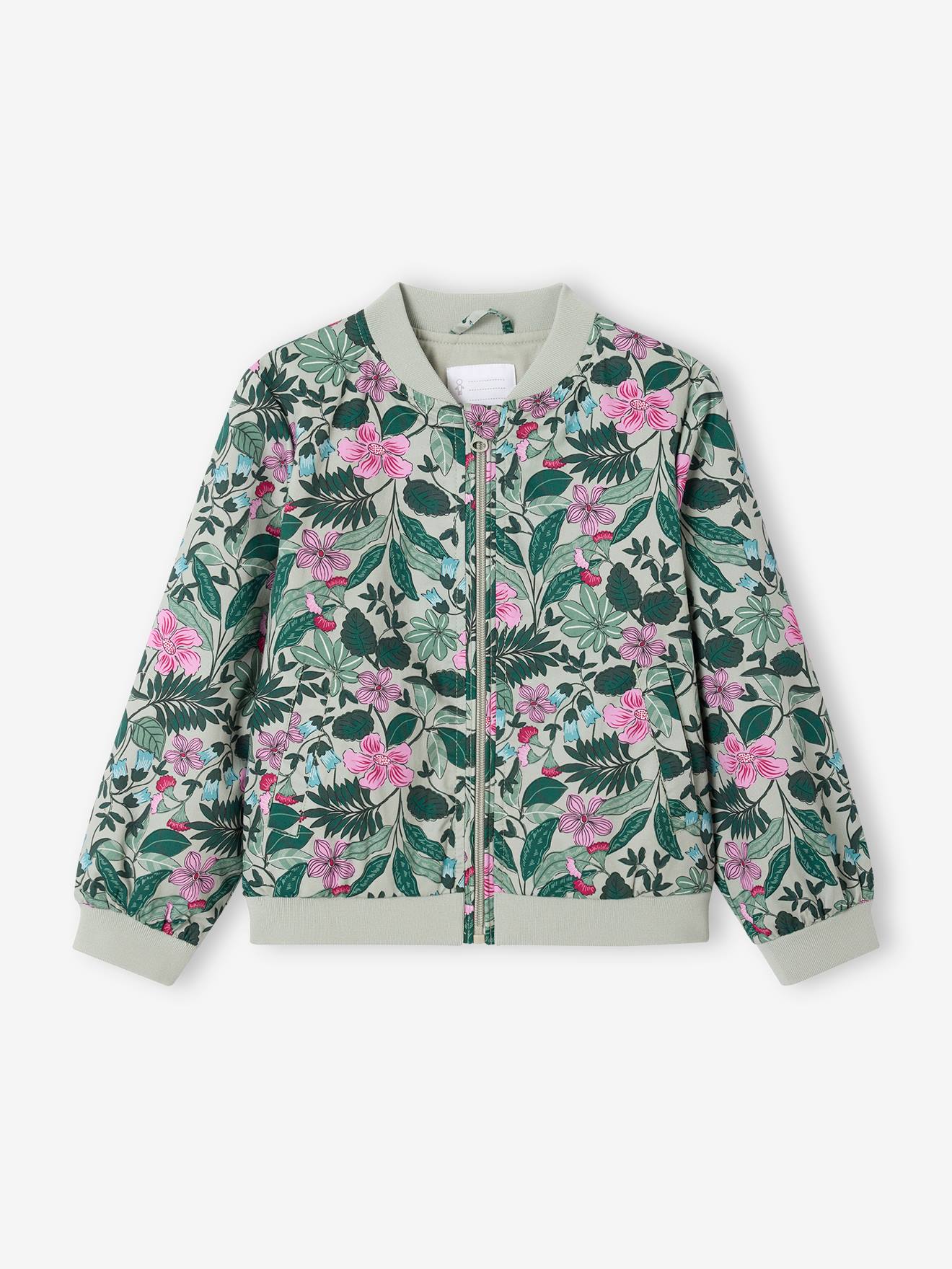 Blouson style bomber motifs fleurs fille vert sauge