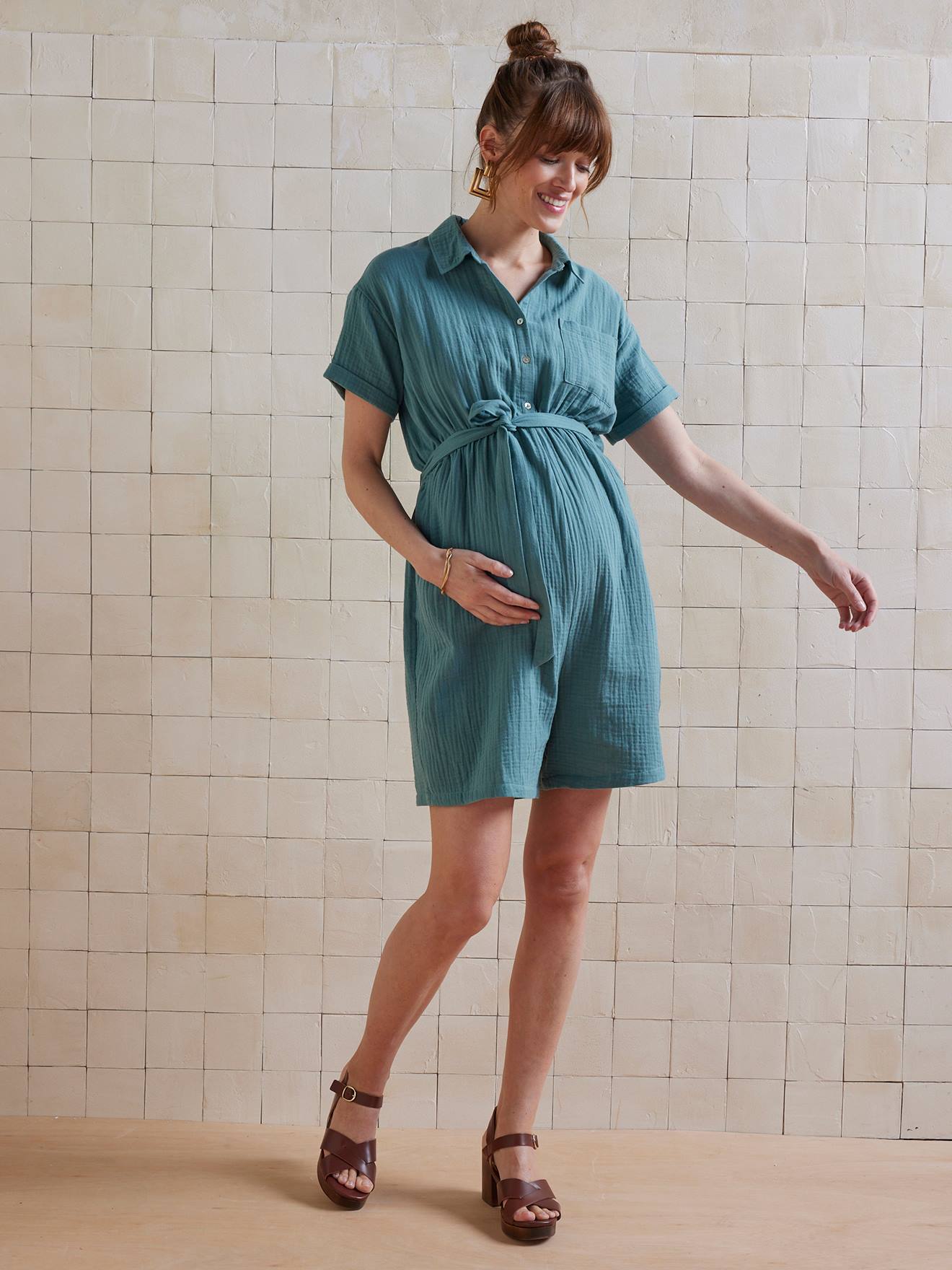 Combishort grossesse et allaitement en gaze de coton vert émeraude