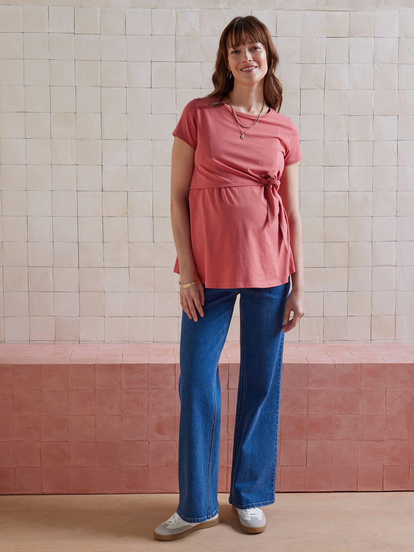 T-shirt long à noeud grossesse et allaitement en coton biologique* vieux rose