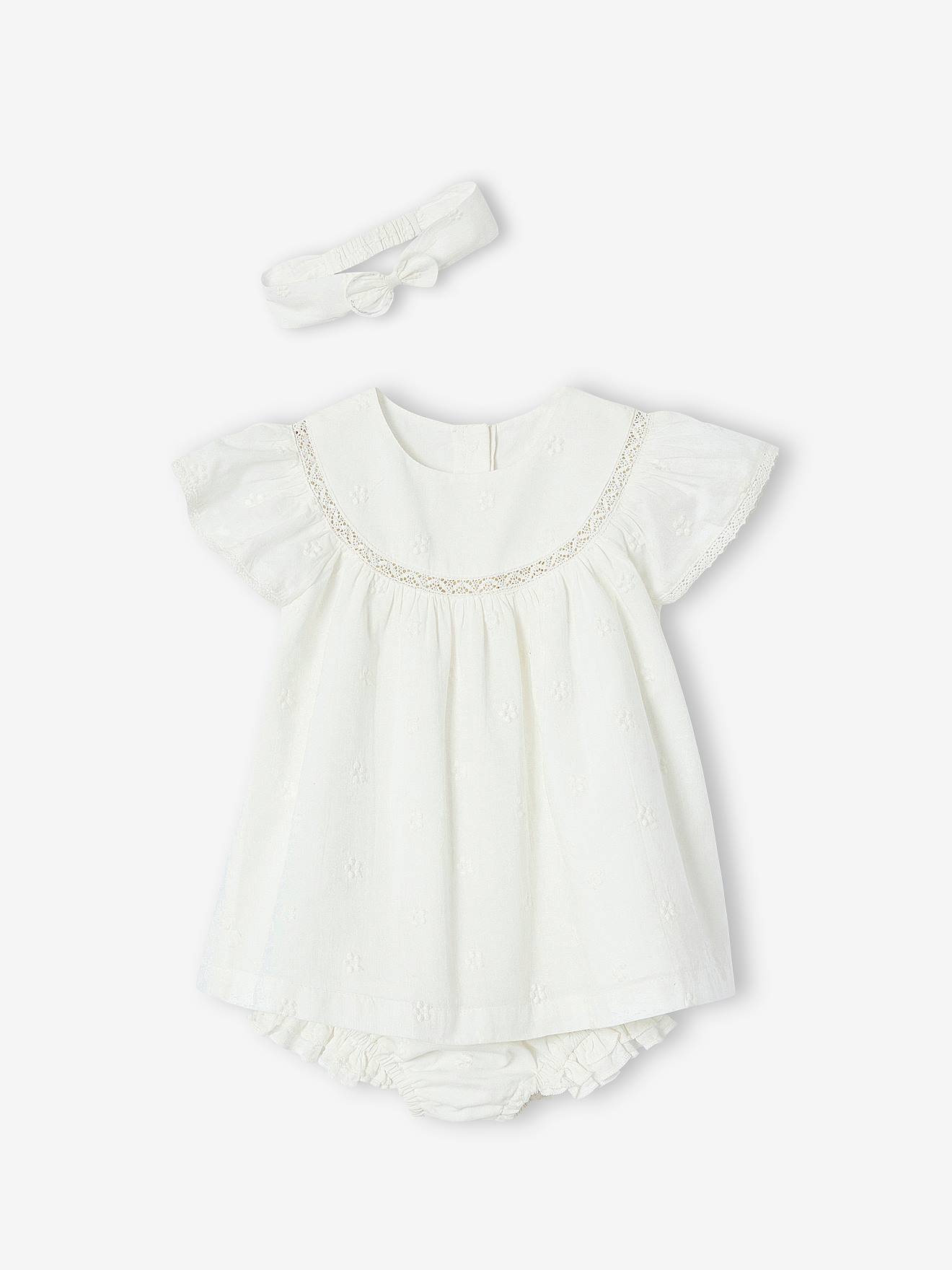 Ensemble naissance en broderie anglaise robe, culotte et bandeau écru