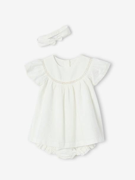 Bébé-Ensemble naissance en broderie anglaise robe, culotte et bandeau