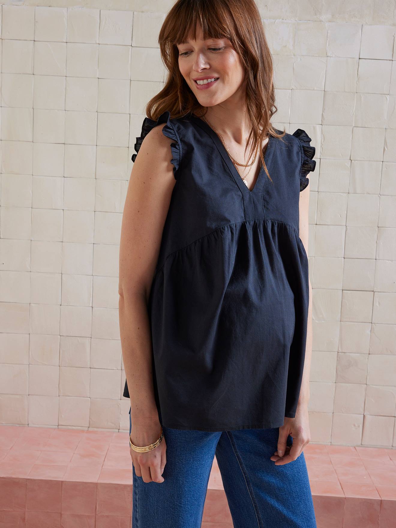 Blouse sans manches de grossesse voile de coton noir