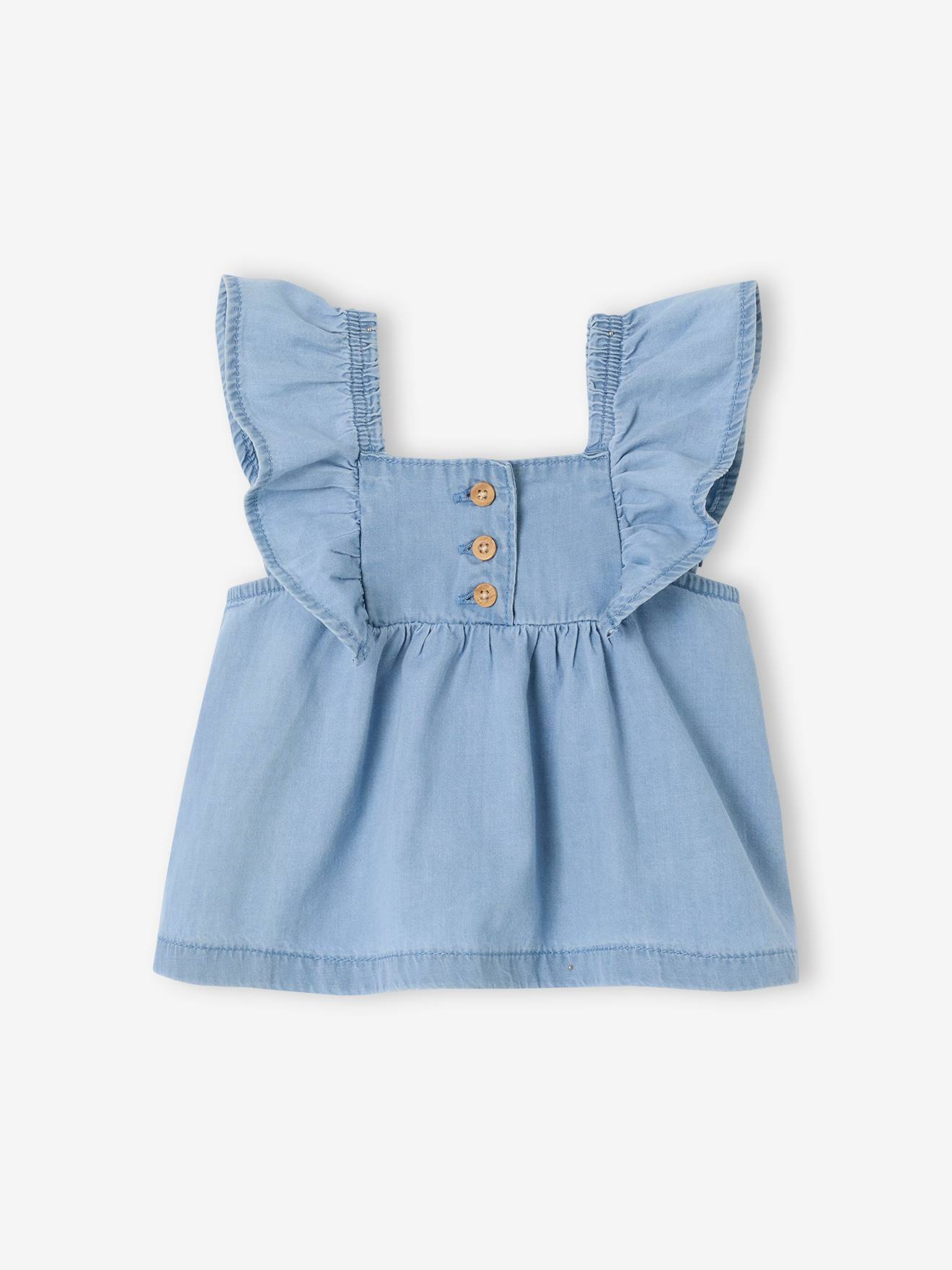 Blouse manches courtes volantées bébé en denim léger denim bleached