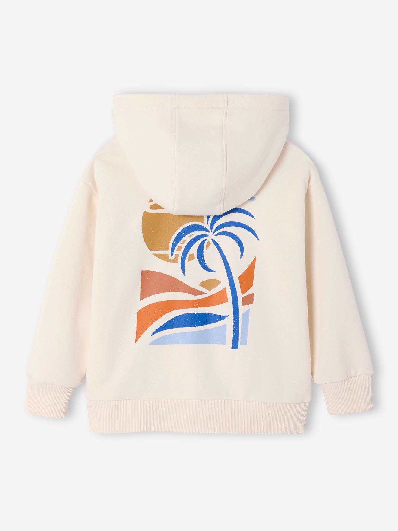 Sweat zippé à capuche grand motif dos garçon écru