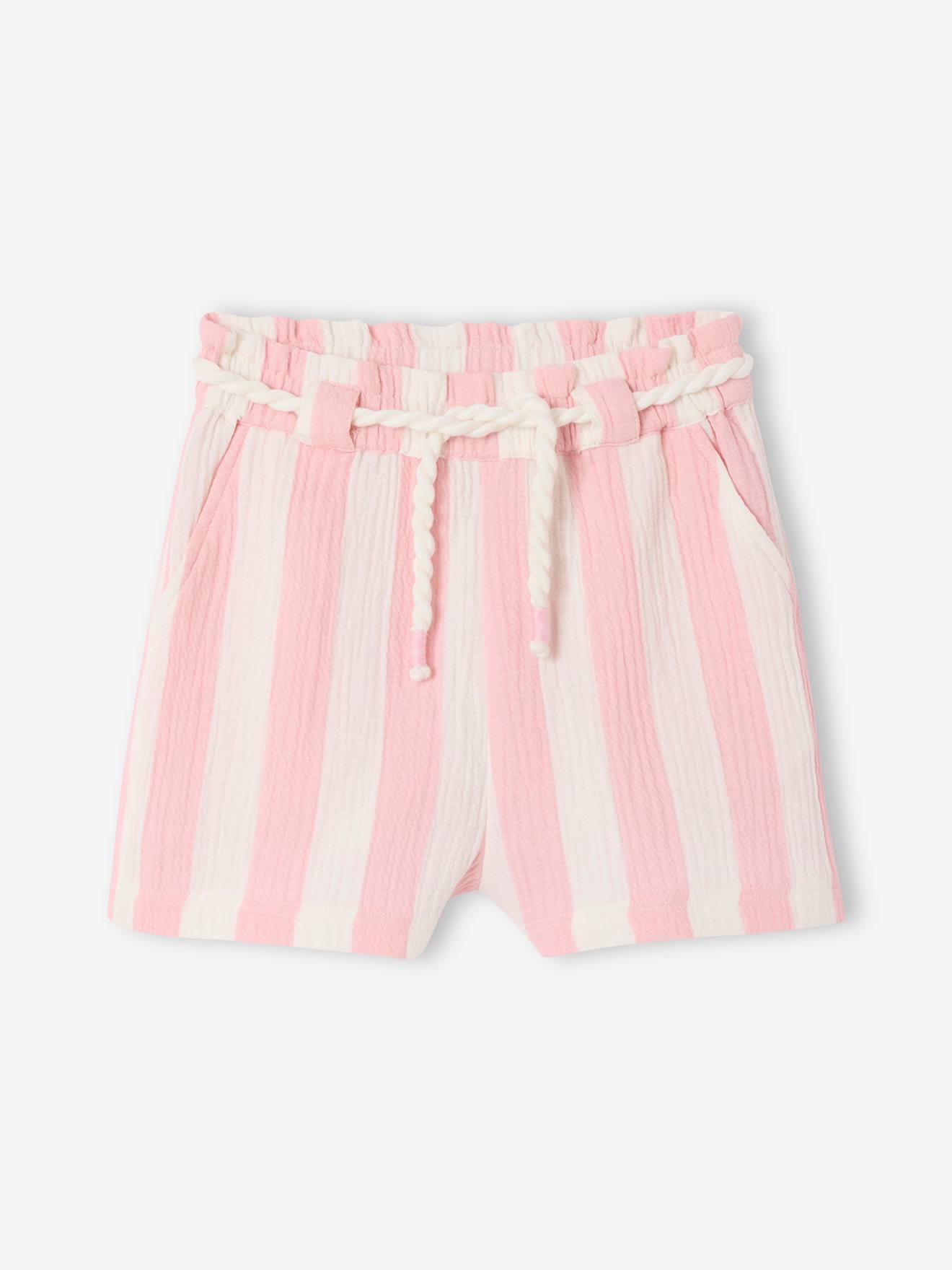 Short à larges rayures fille avec ceinture cordelette fille rose bonbon