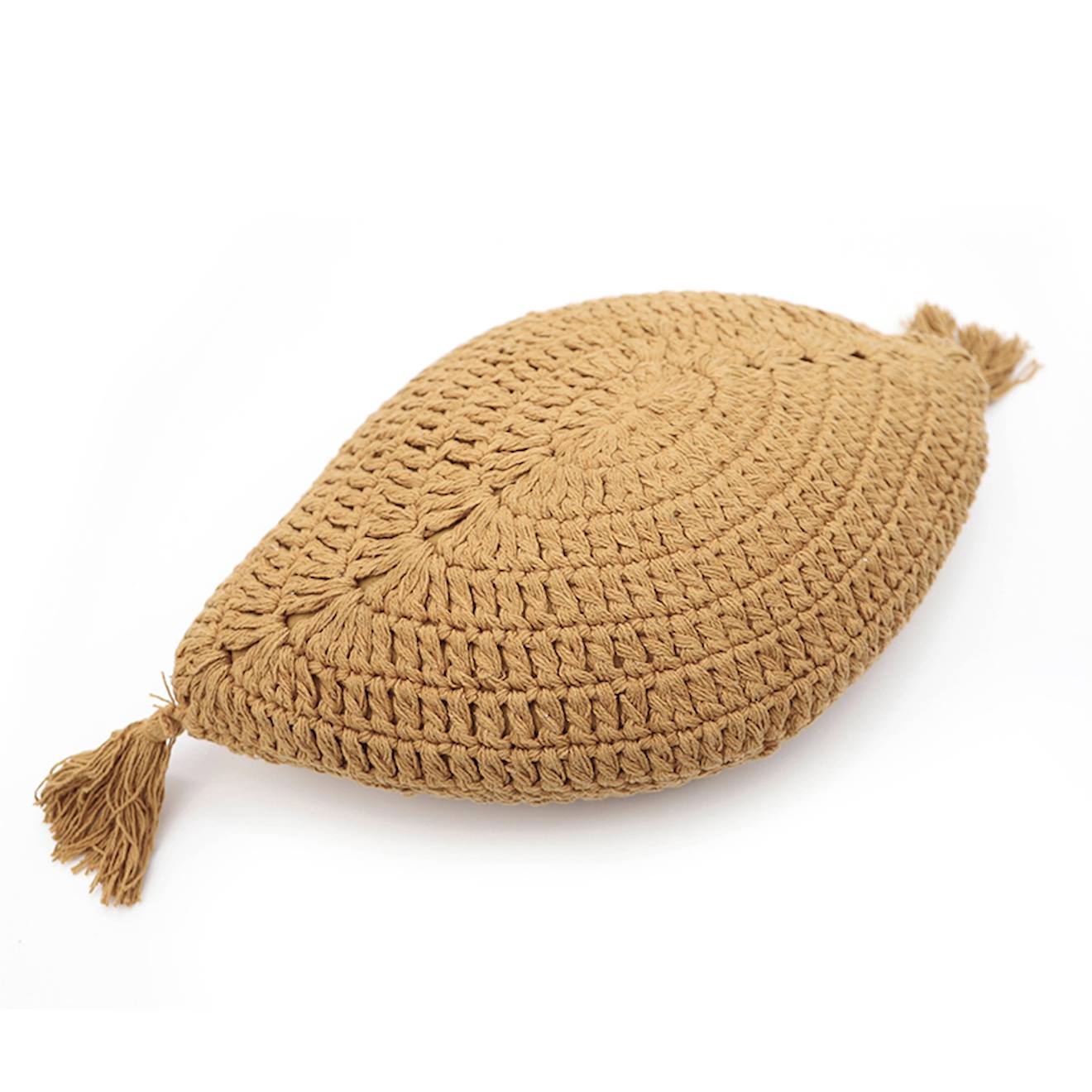Coussin Bohème Coton Crochet Plume Moutarde