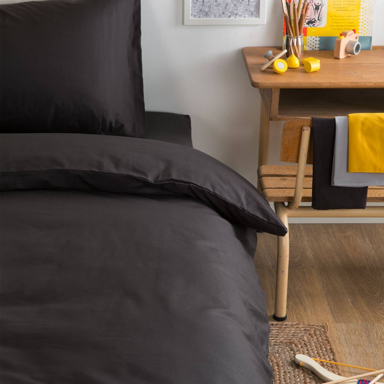 Housse De Couette Unie En Coton Bio Pour Lit 1 Personne Gris Carbone