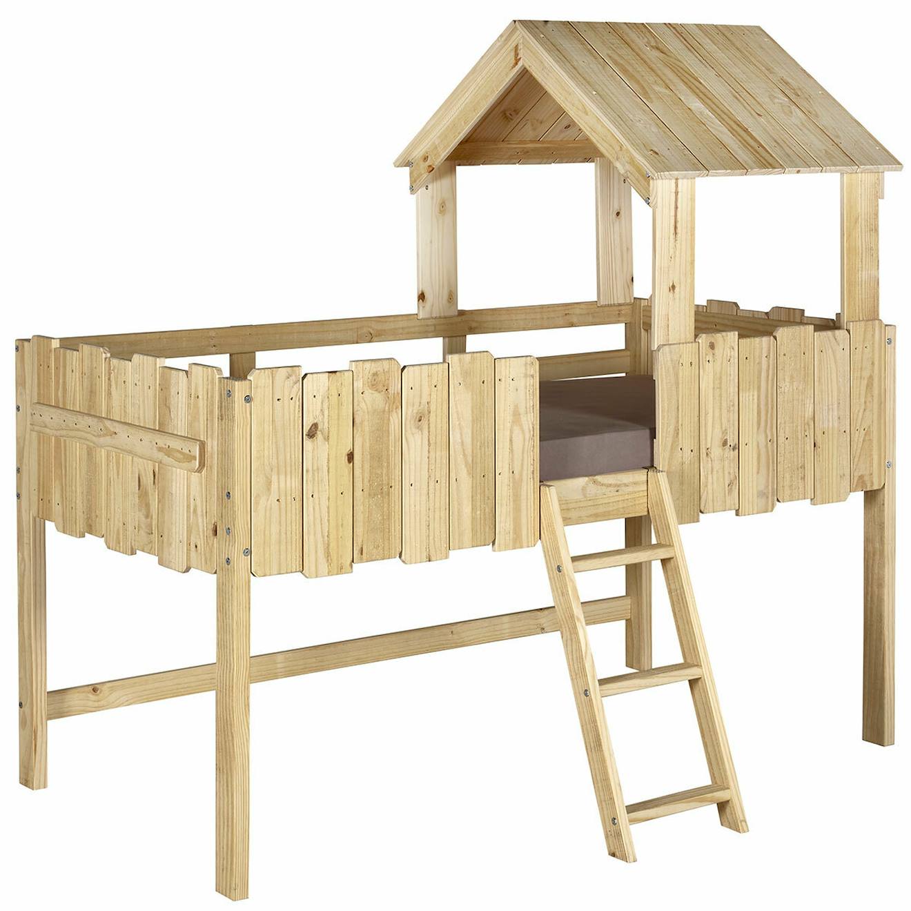 Pack Lit Cabane Mi-hauteur Avec Matelas Bois Massif Donnie Bois Naturel