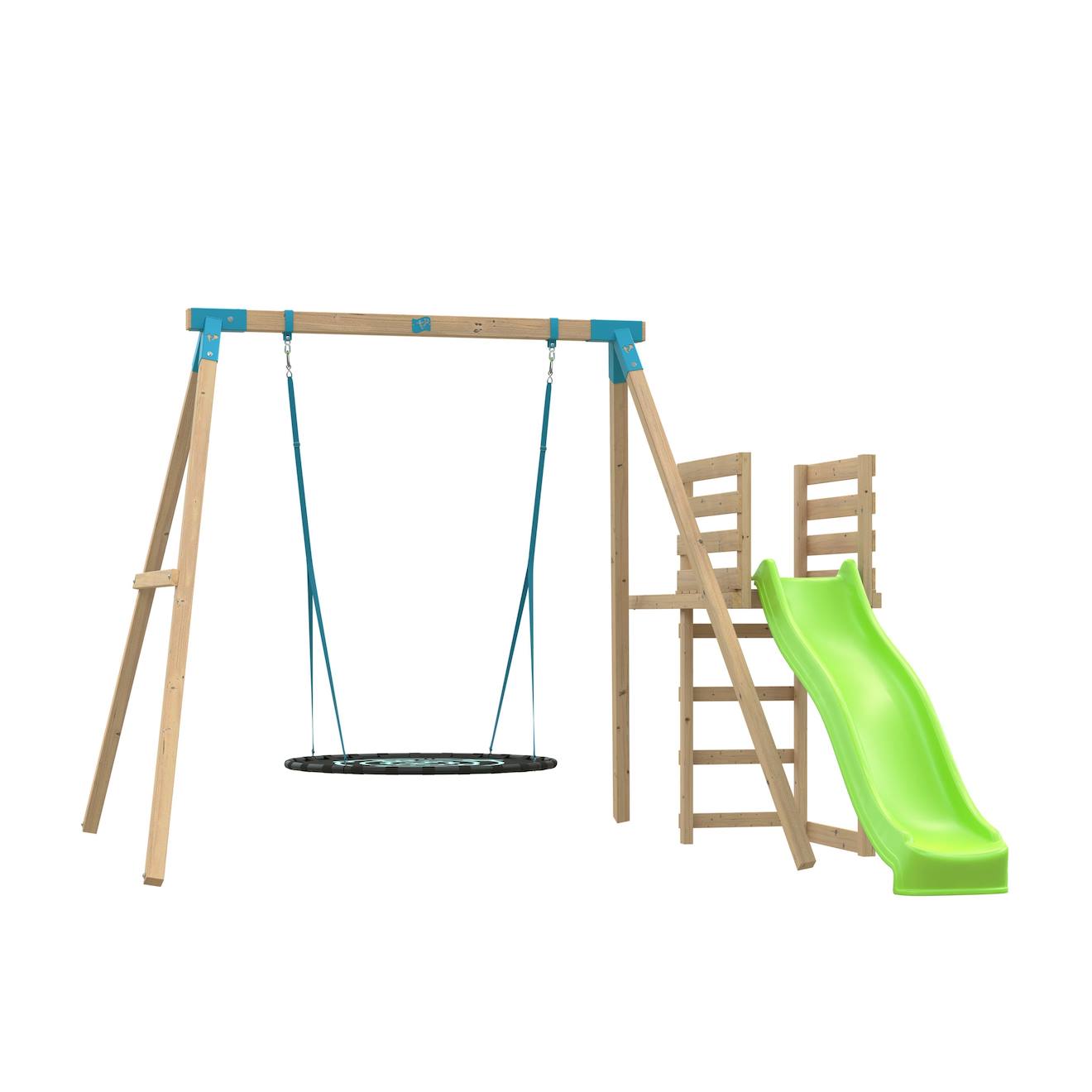 Station Balançoire Nid Et Toboggan Alysse Bois H243cm Marron - Bleu - Vert