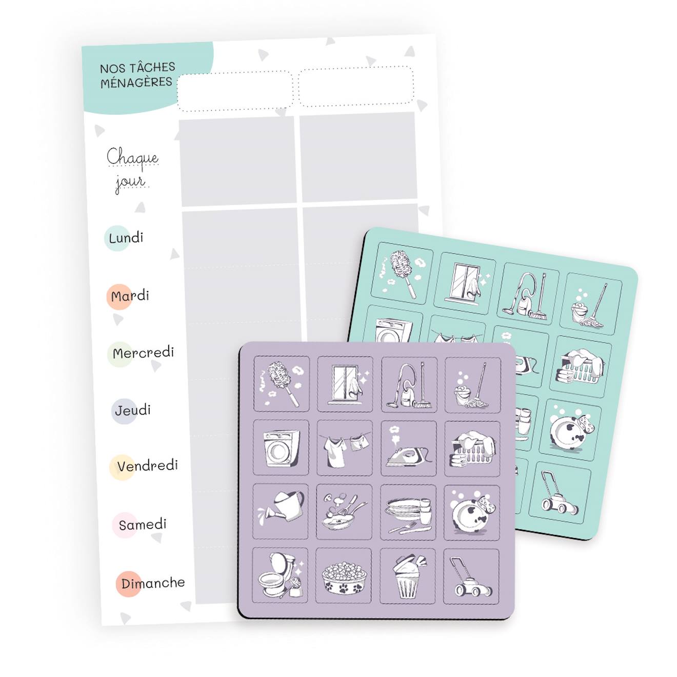 Tableau Tâches Ménagères – 32 Magnets Vert Et Violet