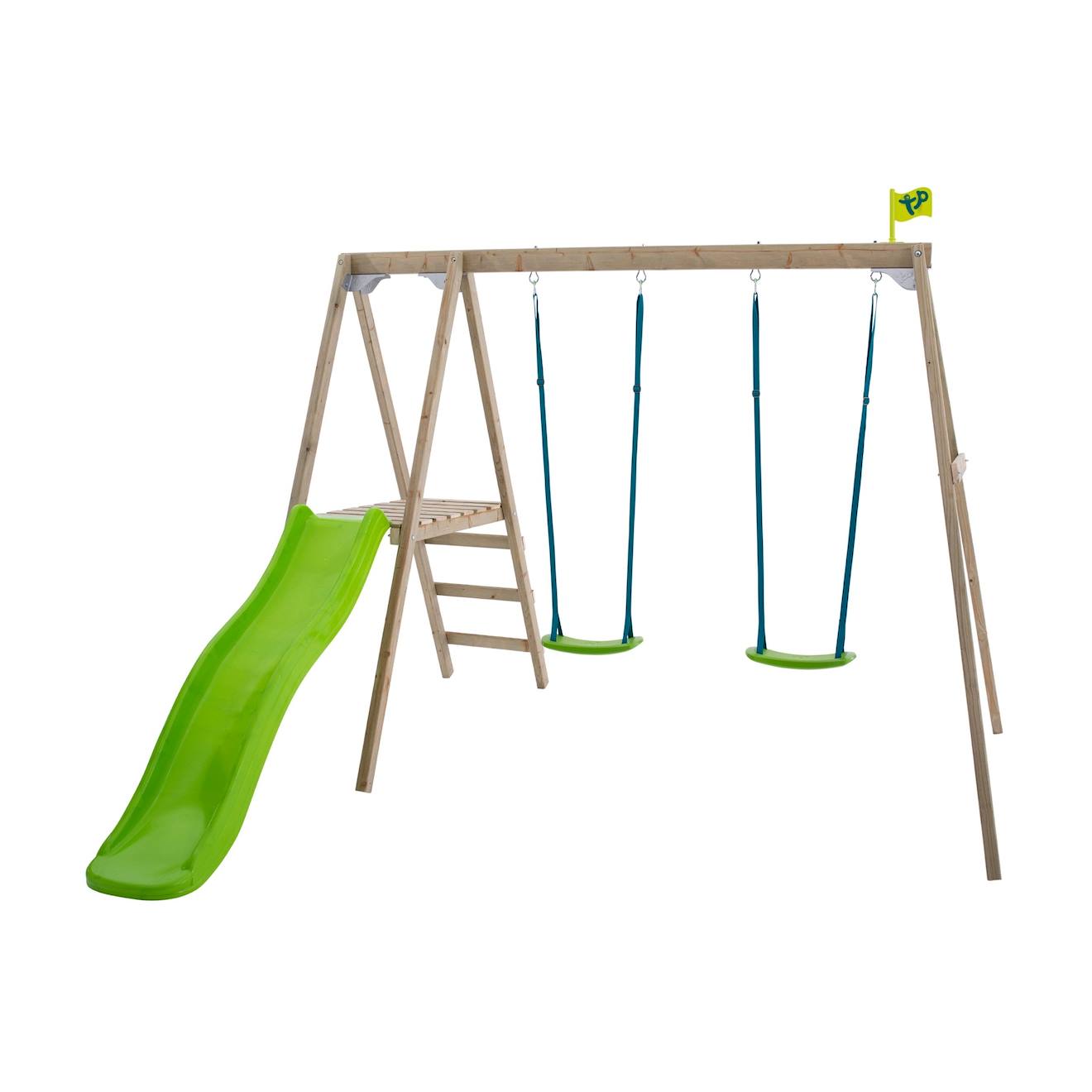 TP Toys - Station 2 Balançoires Et Toboggan Thymélée Bois H200cm Marron - Bleu - Gris - Vert